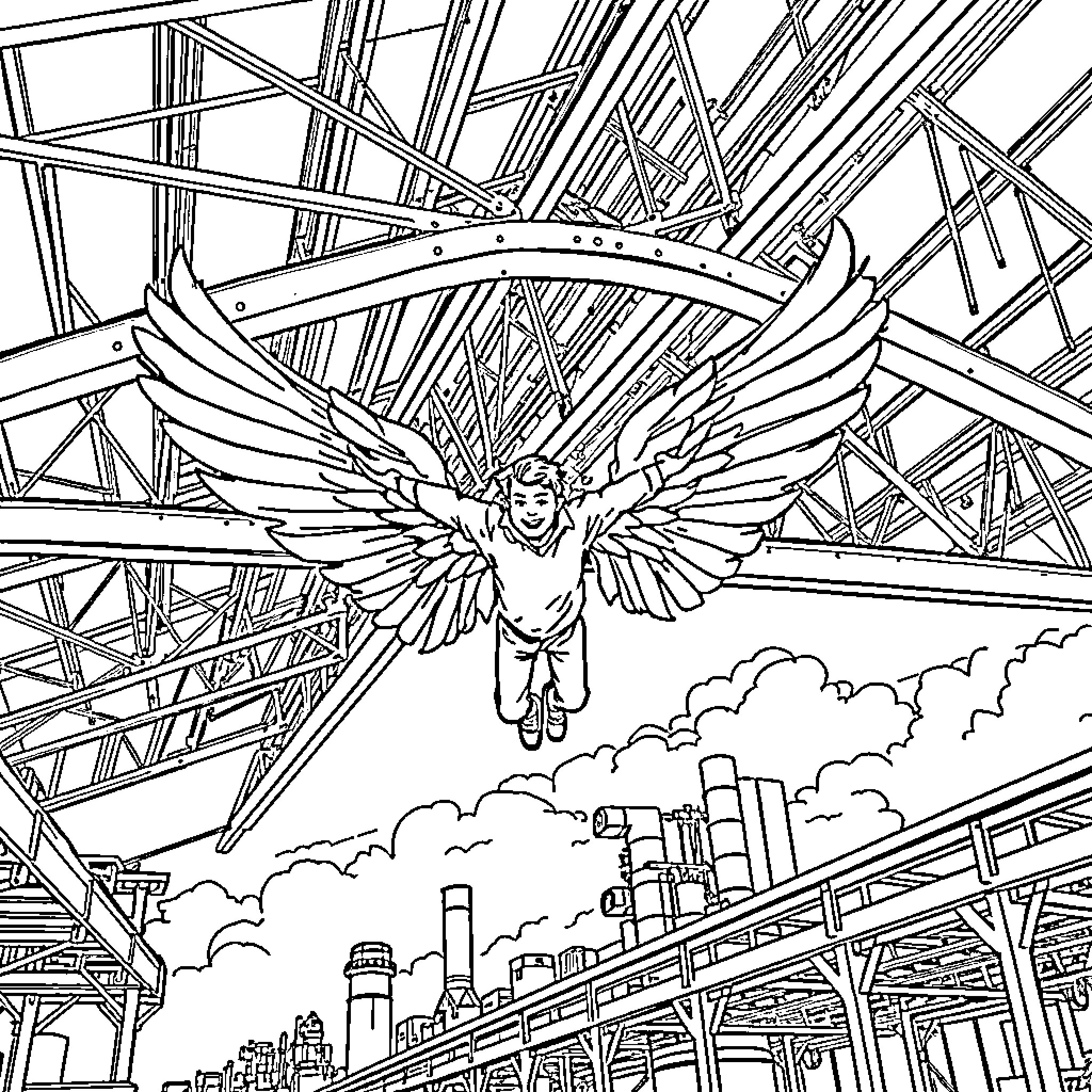 Man with wings flying over industrial cityscape Coloring Page (free black-and-white line drawing printable PDF for all, from beginners to advanced learners, including children, teens, adults, and seniors)