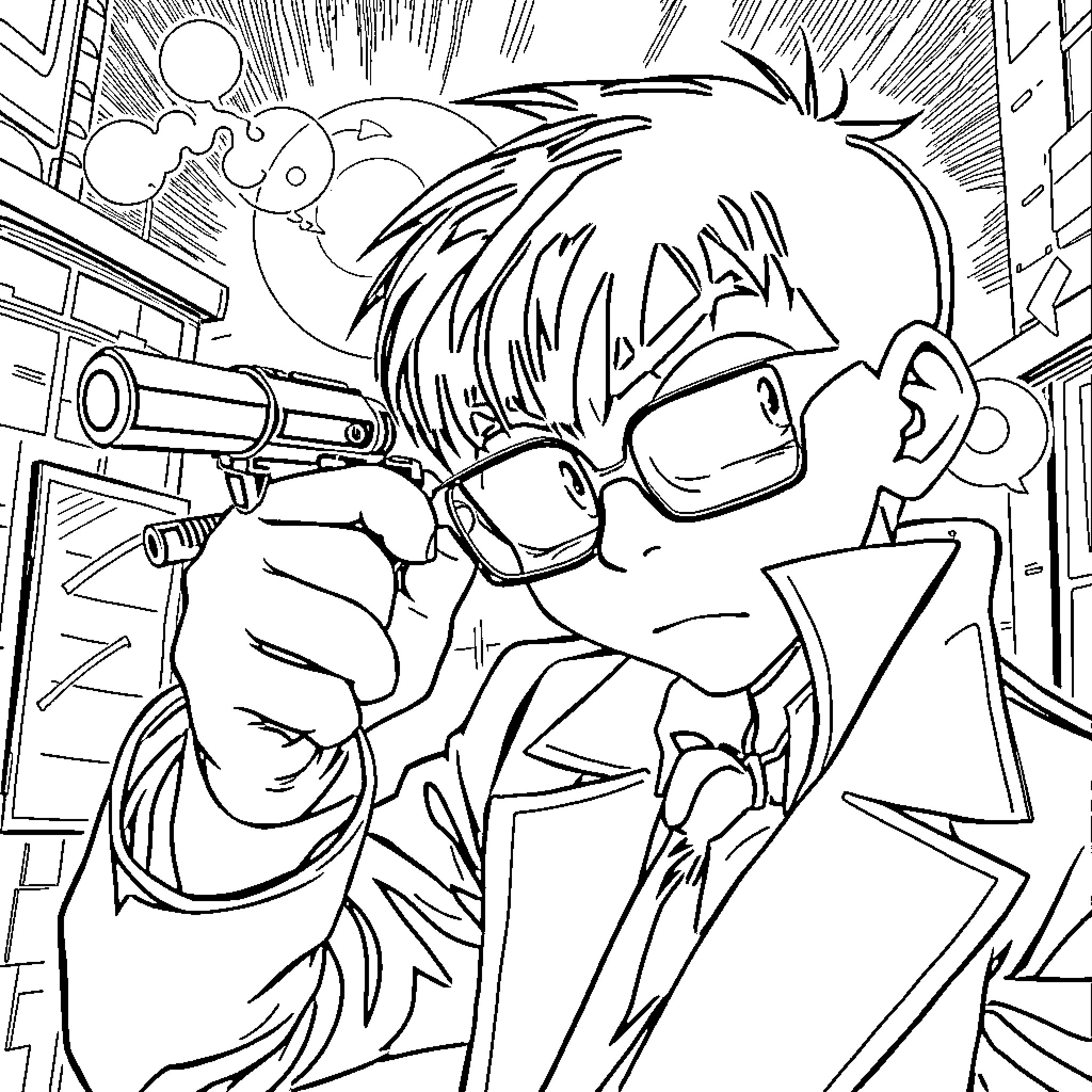 Detective Conan aiming a weapon in an intense scene Coloring Page (free black-and-white line drawing printable PDF for all, from beginners to advanced learners, including children, teens, adults, and seniors)