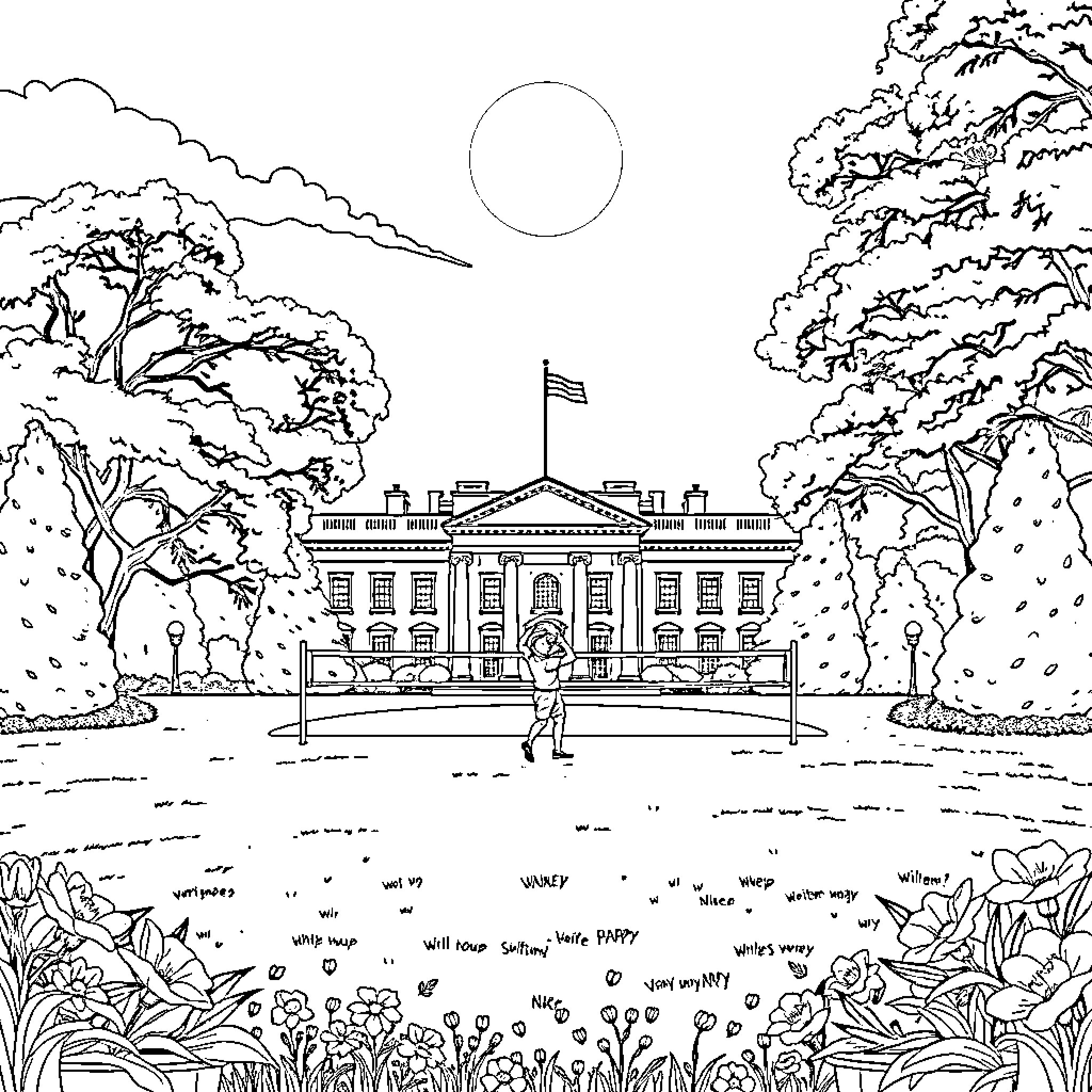 Trump takes a stroll on the White House lawn Coloring Page (free black-and-white line drawing printable PDF for all, from beginners to advanced learners, including children, teens, adults, and seniors)