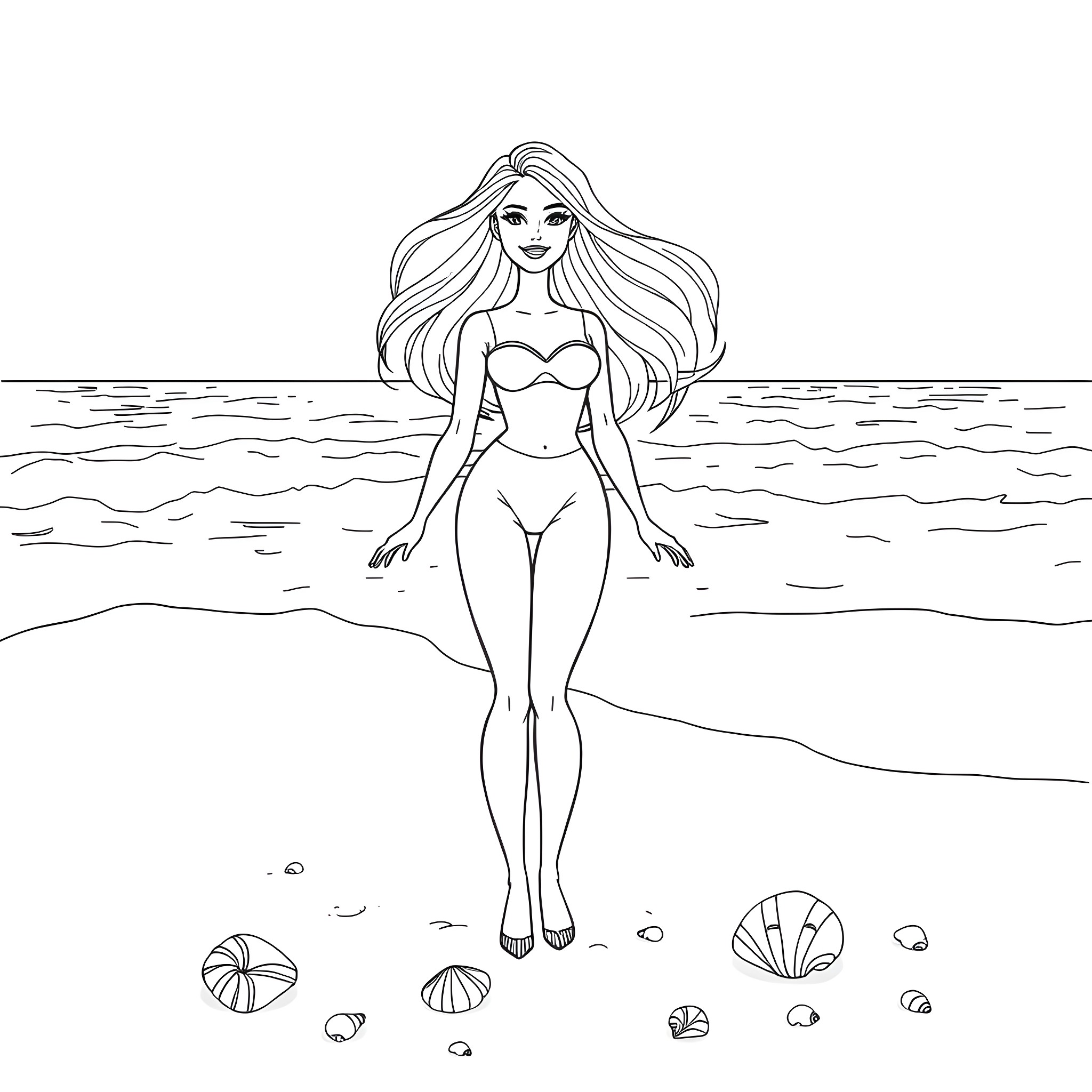 Barbie enjoying a beach day Coloring Page (free black-and-white line drawing printable PDF for all, from beginners to advanced learners, including children, teens, adults, and seniors)