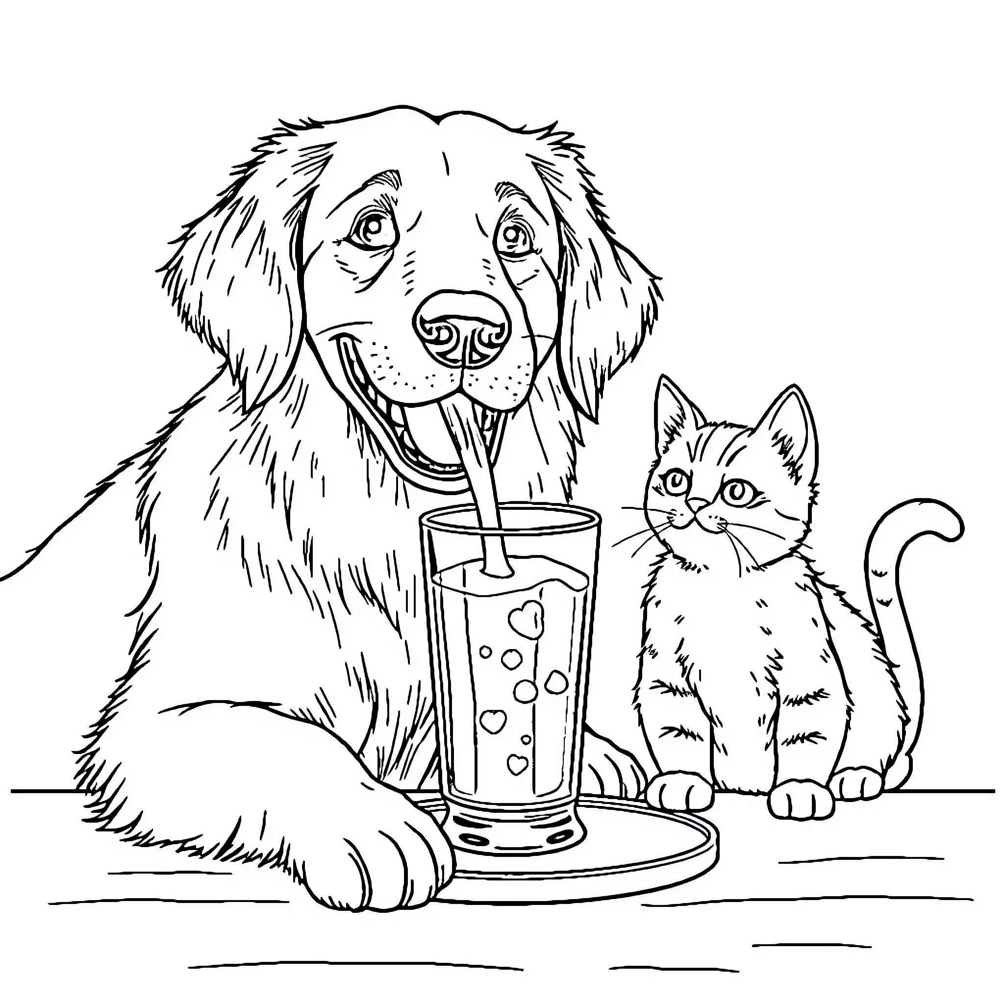 Golden Retriever and Kitten Sharing a Refreshing Drink Coloring Page (free black-and-white line drawing printable PDF for all, from beginners to advanced learners, including children, teens, adults, and seniors)