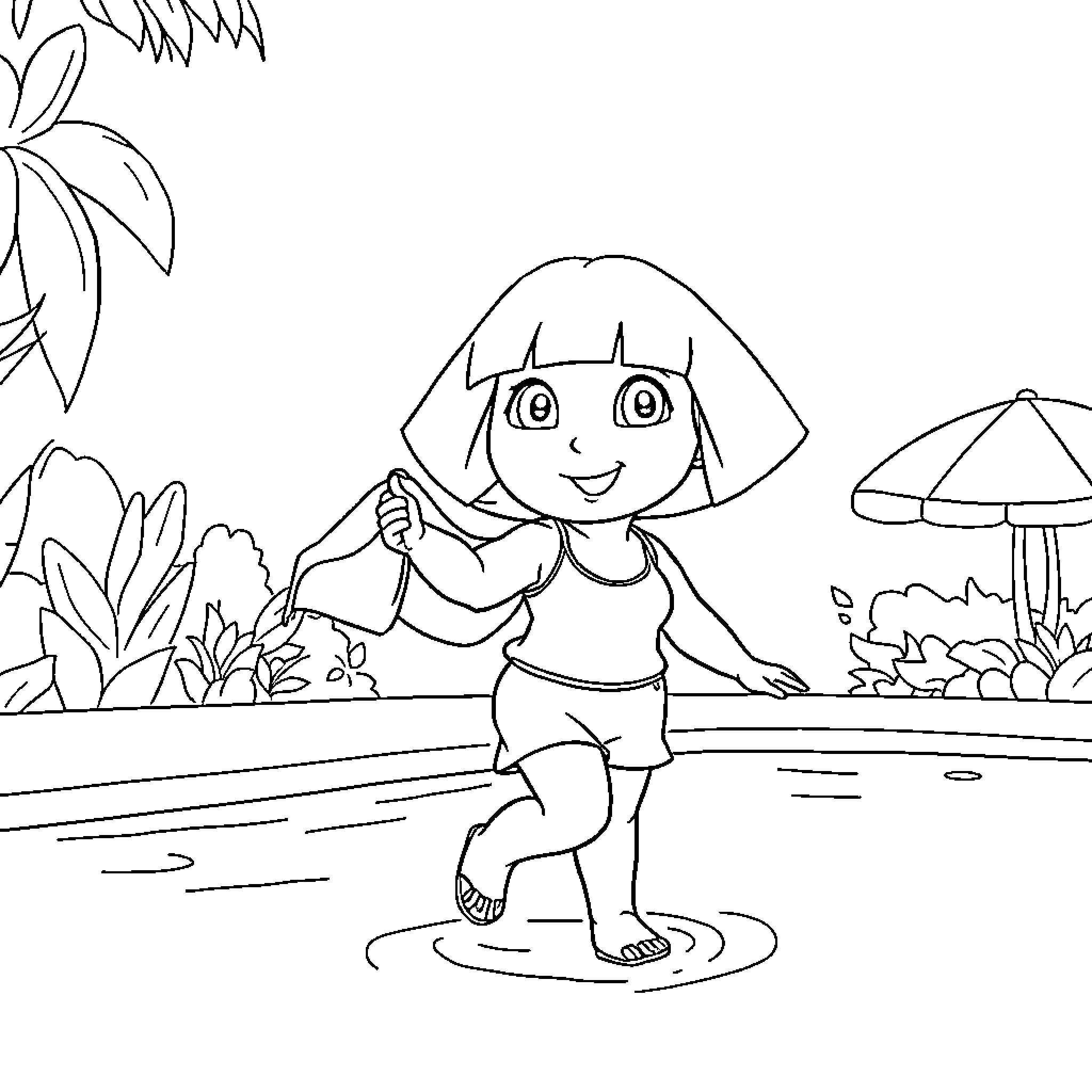 Dora exploring the outdoors with excitement Coloring Page (free black-and-white line drawing printable PDF for all, from beginners to advanced learners, including children, teens, adults, and seniors)