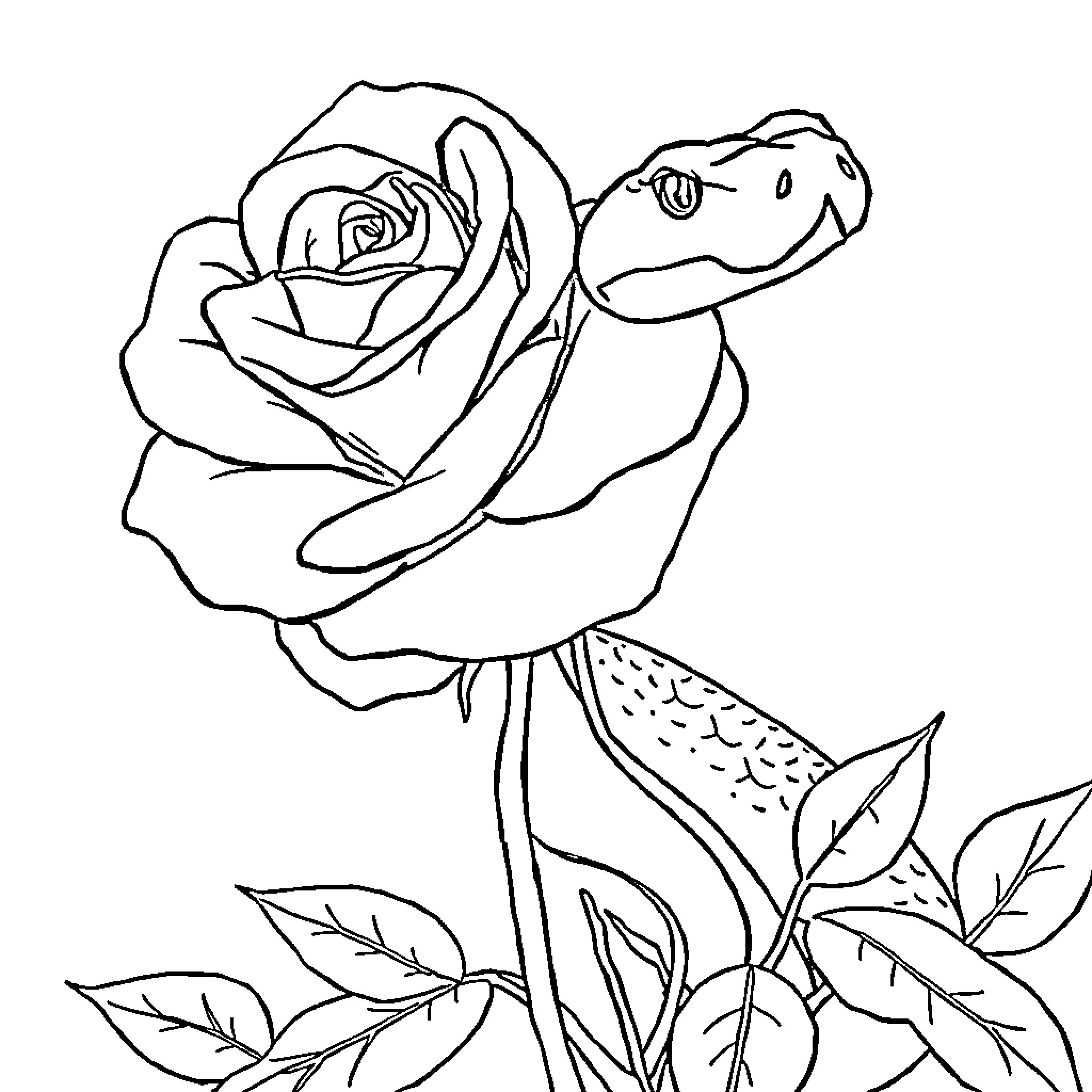 Rose with a Coiled Snake Coloring Page (free black-and-white line drawing printable PDF for all, from beginners to advanced learners, including children, teens, adults, and seniors)