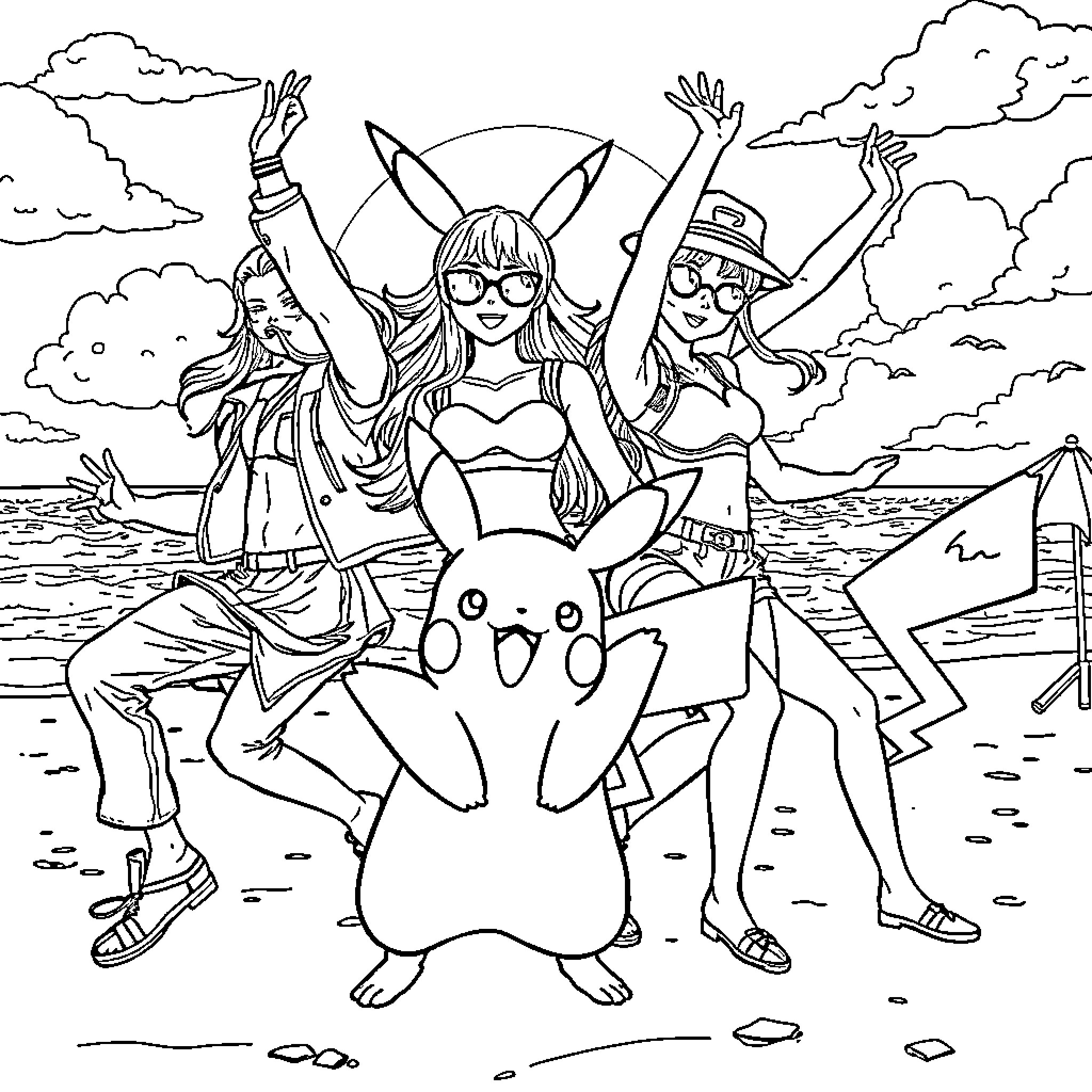 Pikachu's Fun Summer Adventure with Friends Coloring Page (free black-and-white line drawing printable PDF for all, from beginners to advanced learners, including children, teens, adults, and seniors)