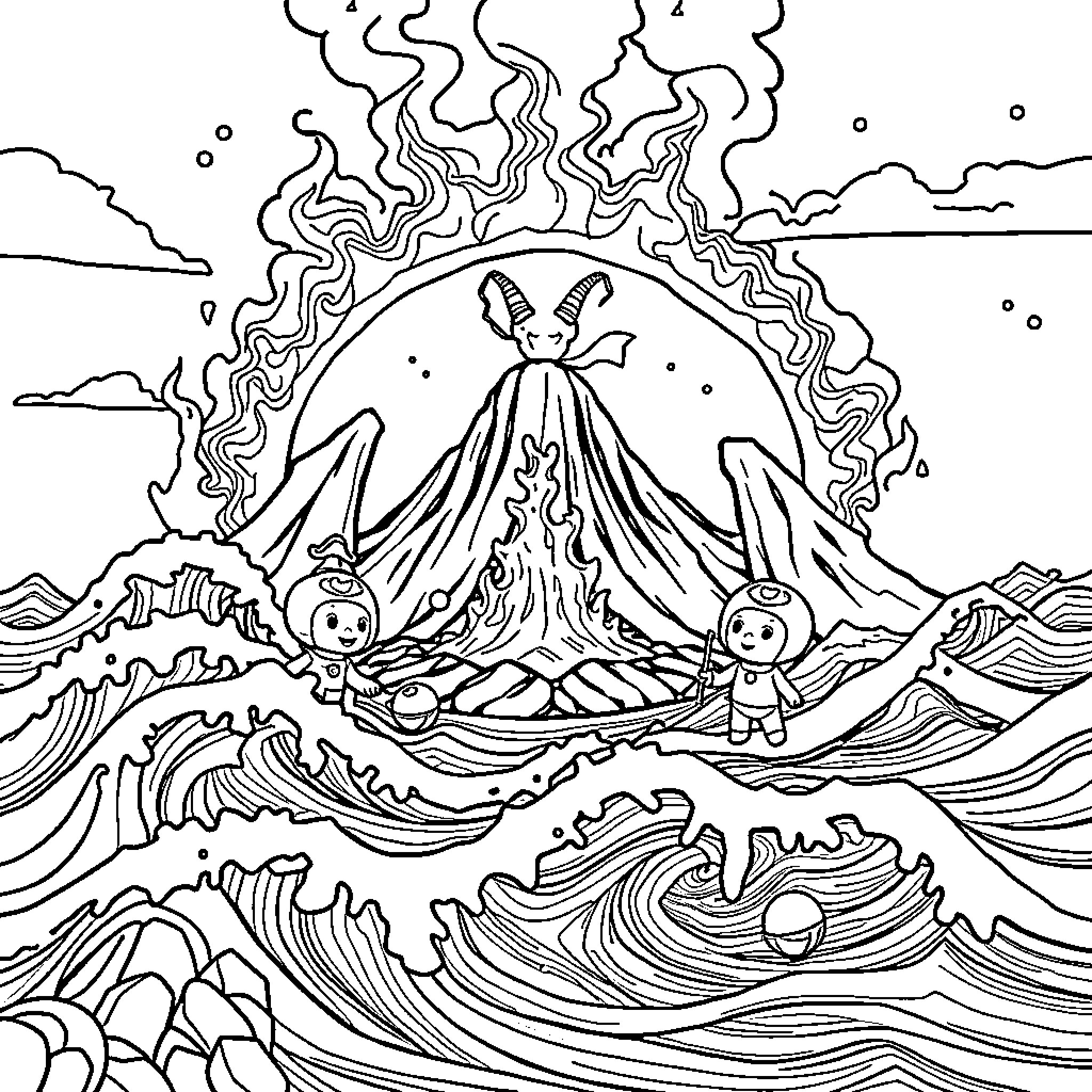 Octonauts exploring a volcanic island in the sea Coloring Page (free black-and-white line drawing printable PDF for all, from beginners to advanced learners, including children, teens, adults, and seniors)