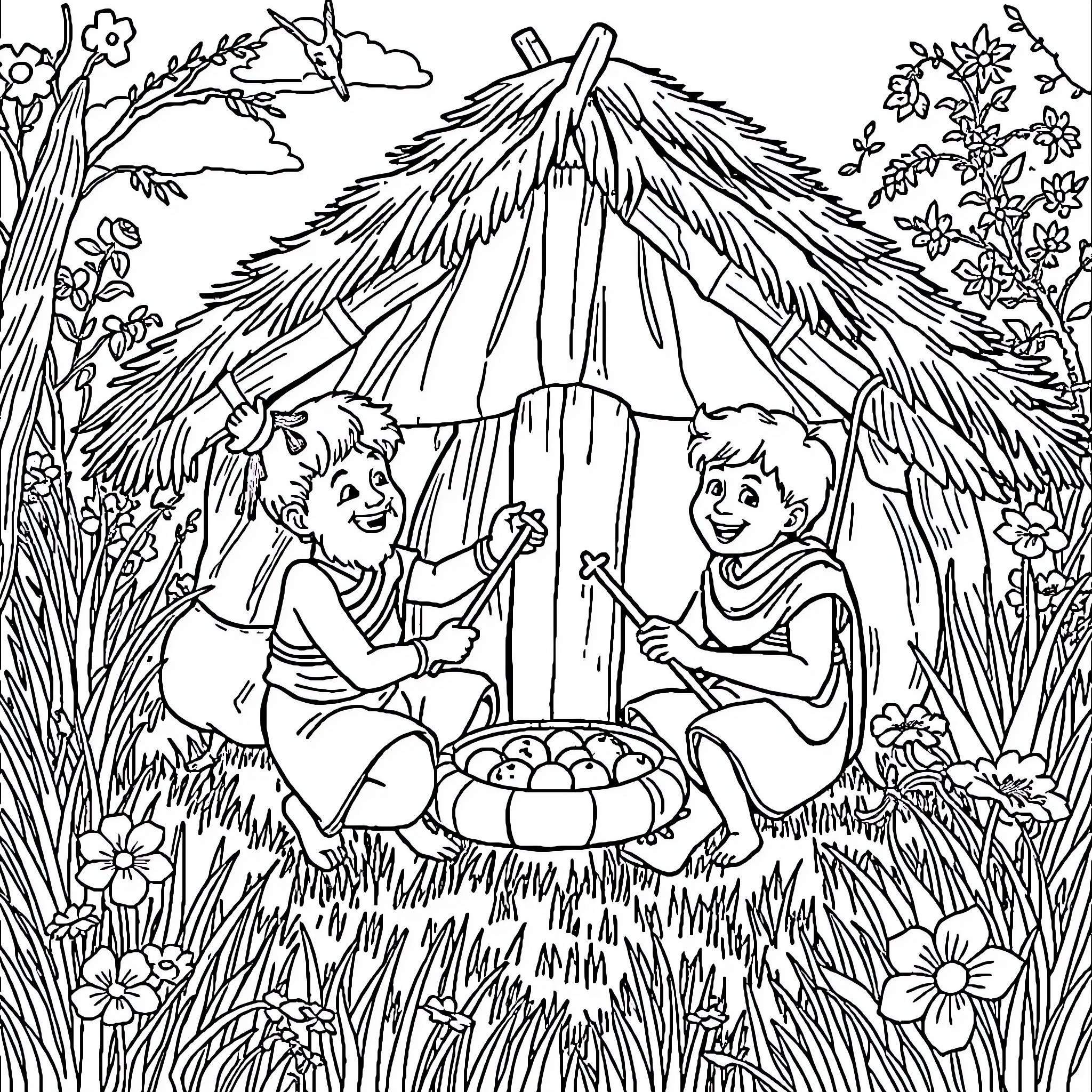 Brothers playing happily under a straw hut in nature Coloring Page (free black-and-white line drawing printable PDF for all, from beginners to advanced learners, including children, teens, adults, and seniors)