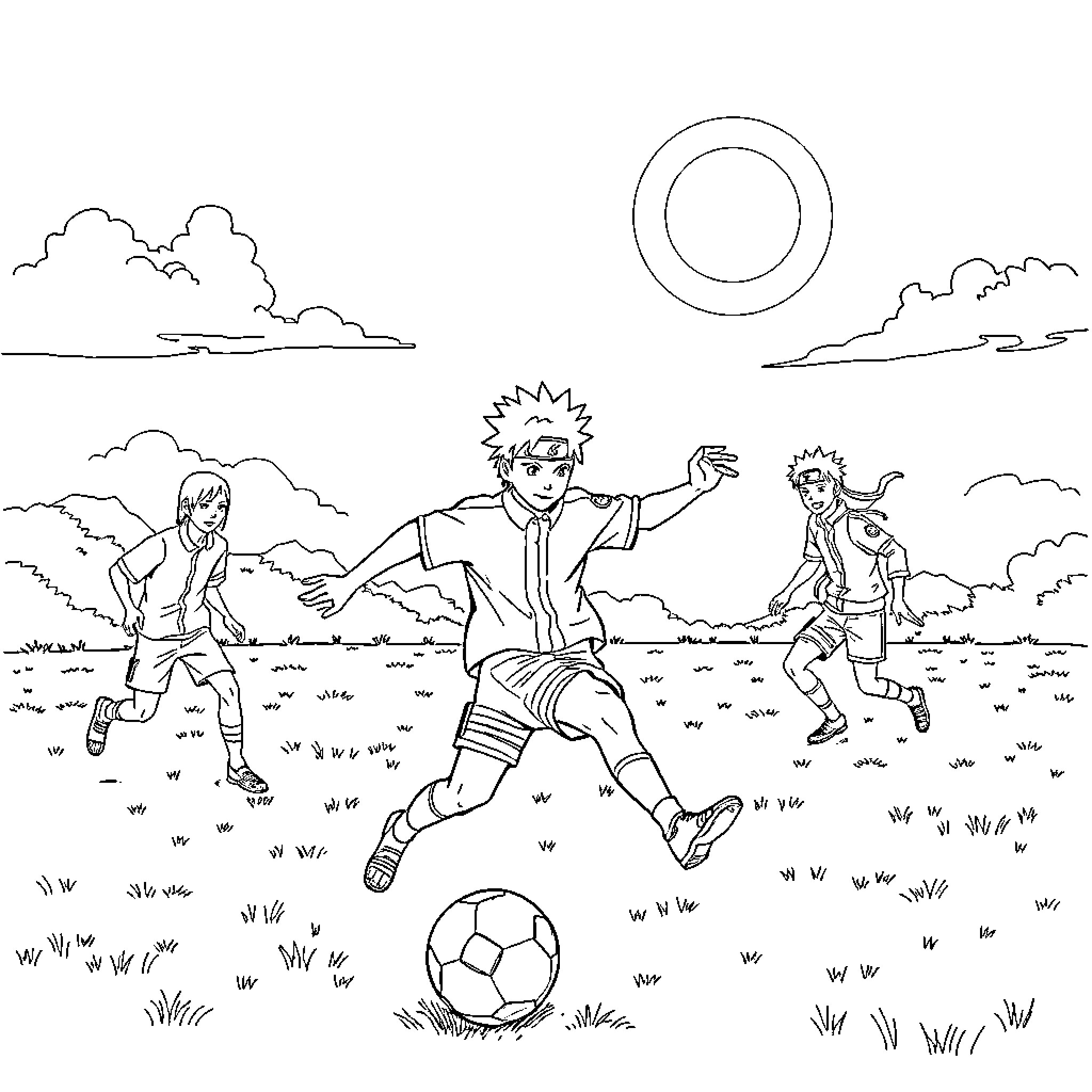 Naruto and friends playing soccer in the field Coloring Page (free black-and-white line drawing printable PDF for all, from beginners to advanced learners, including children, teens, adults, and seniors)