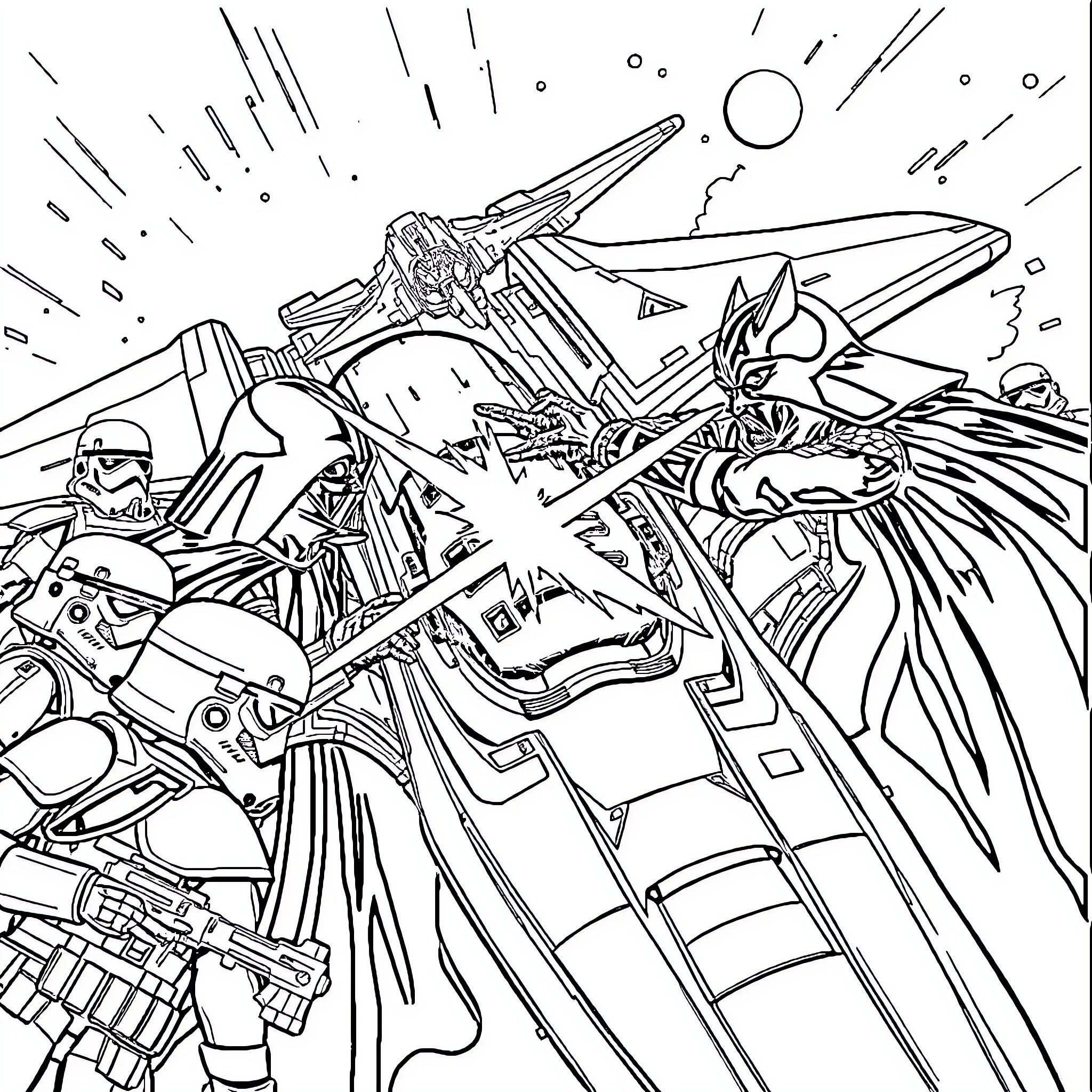Darth Vader in epic intergalactic battle scene Coloring Page (free black-and-white line drawing printable PDF for all, from beginners to advanced learners, including children, teens, adults, and seniors)