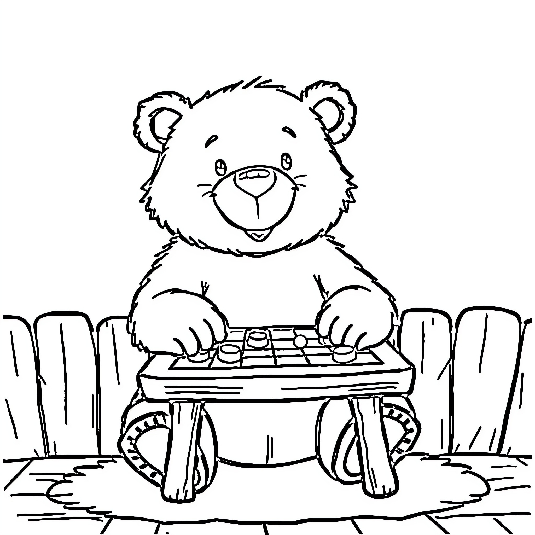 Bear playing with electronic device on the floor Coloring Page (free black-and-white line drawing printable PDF for all, from beginners to advanced learners, including children, teens, adults, and seniors)