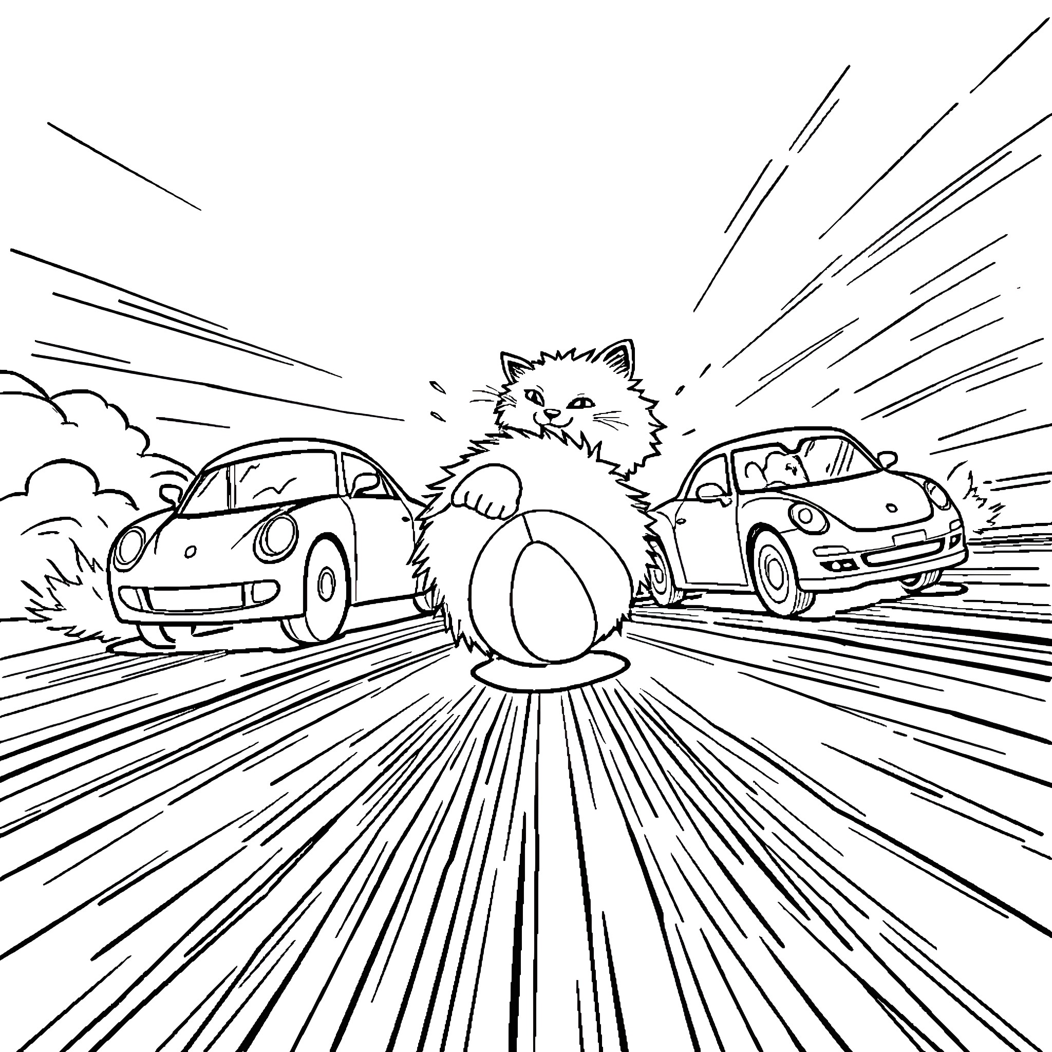 Car with Surprised Cartoon Animal on the Road Coloring Page (free black-and-white line drawing printable PDF for all, from beginners to advanced learners, including children, teens, adults, and seniors)