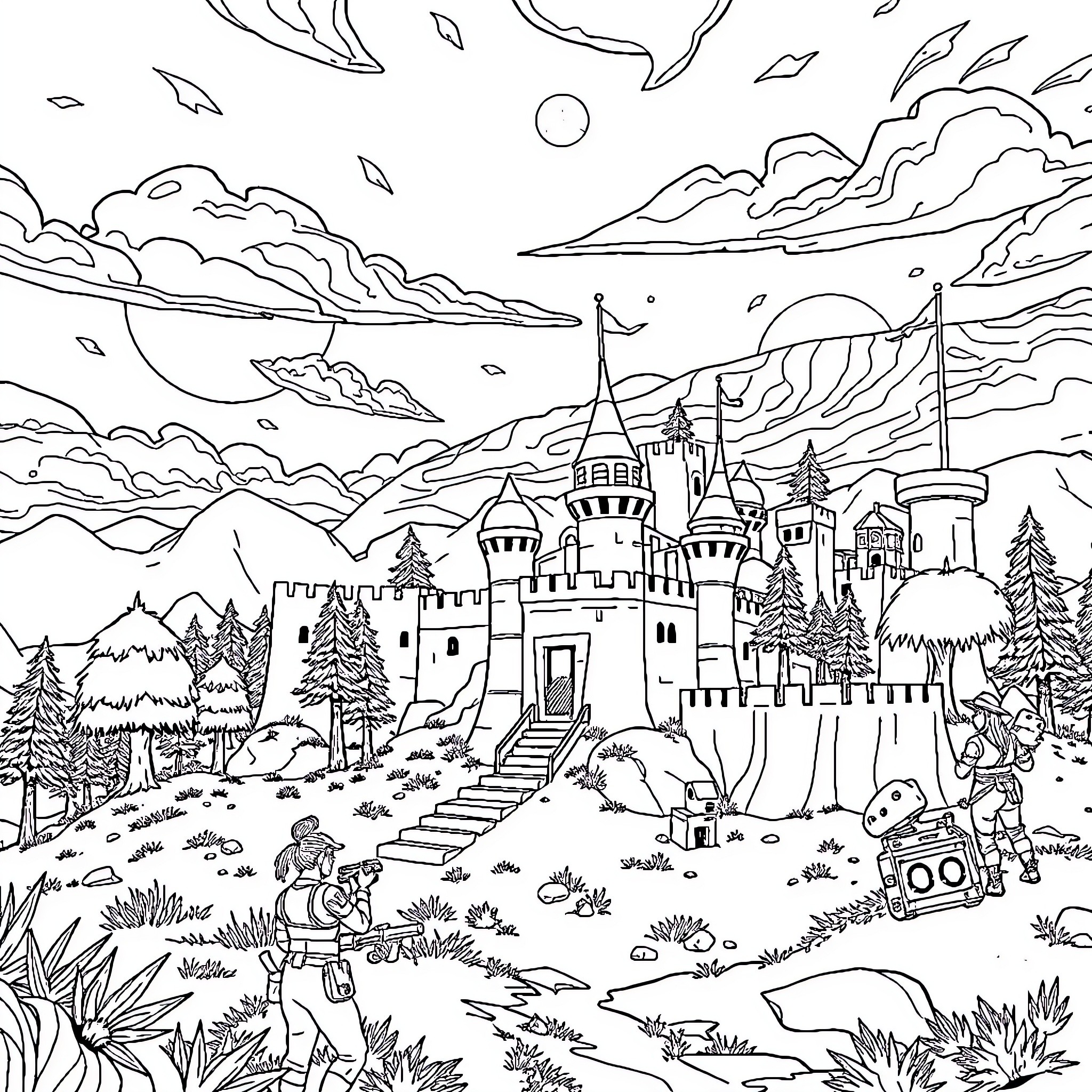 Fortnite Characters Exploring the Magical Castle Coloring Page (free black-and-white line drawing printable PDF for all, from beginners to advanced learners, including children, teens, adults, and seniors)