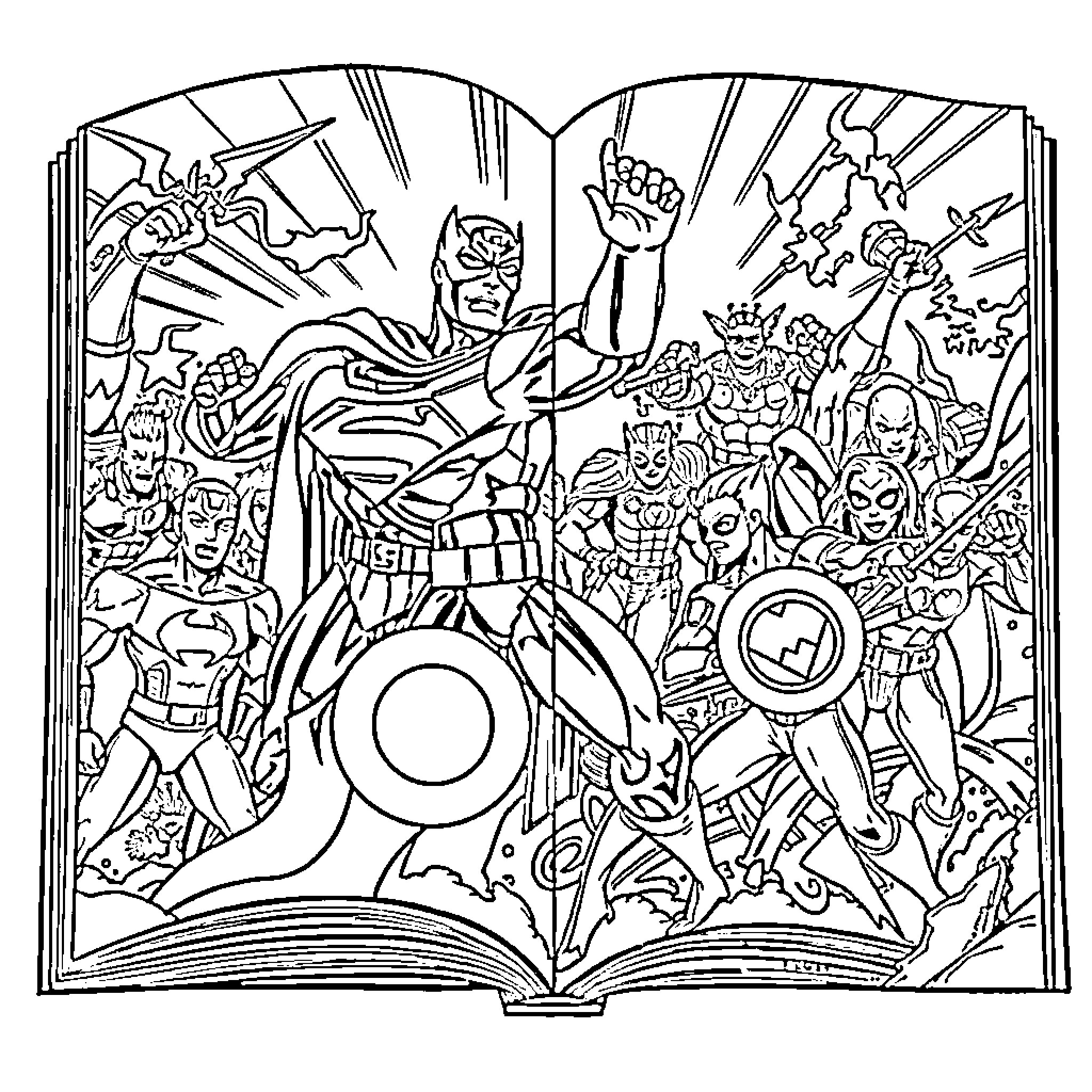 Superhero Characters Colliding in an Epic Battle Coloring Page (free black-and-white line drawing printable PDF for all, from beginners to advanced learners, including children, teens, adults, and seniors)