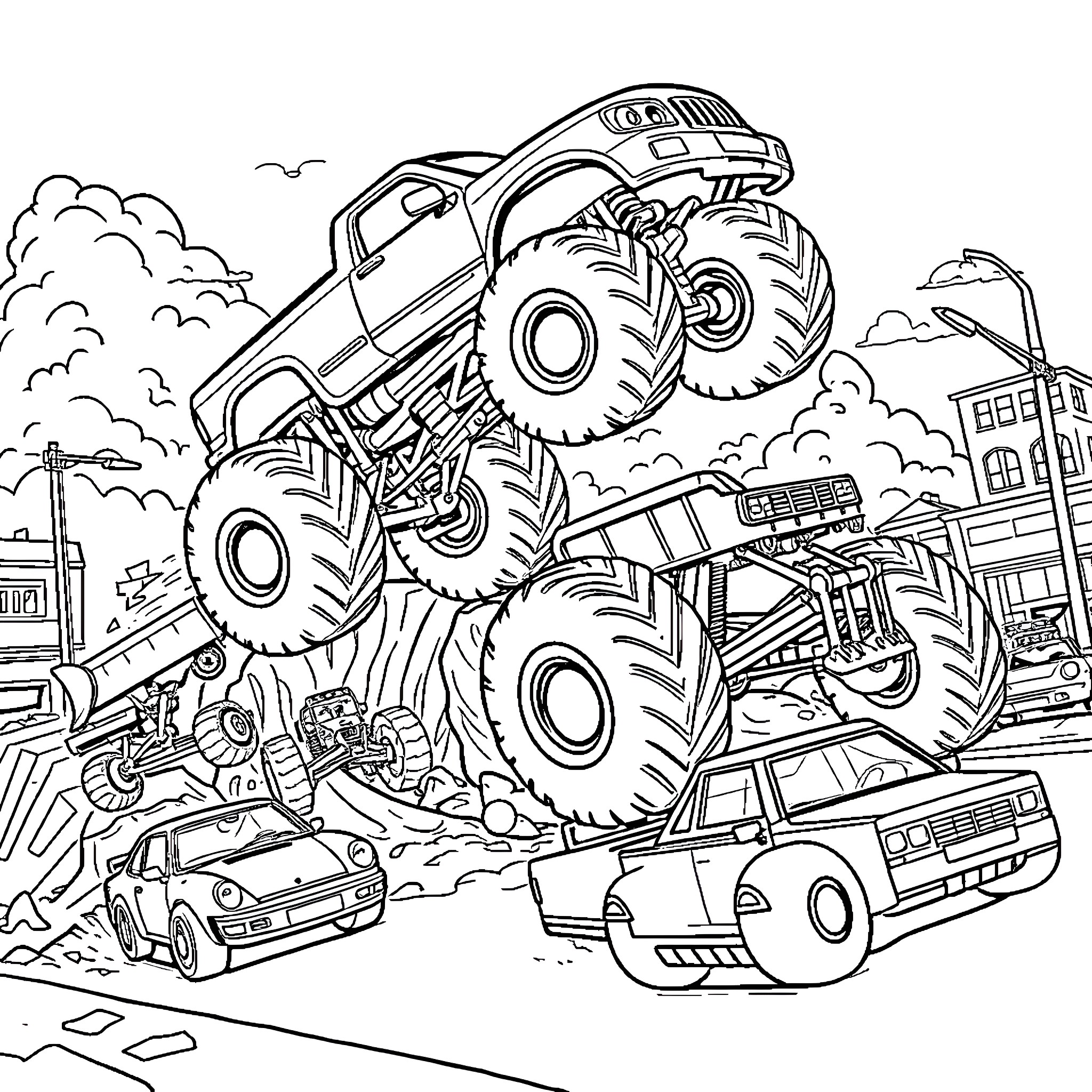 Truck Crushing Cars in Chaotic Urban Scene Coloring Page (free black-and-white line drawing printable PDF for all, from beginners to advanced learners, including children, teens, adults, and seniors)