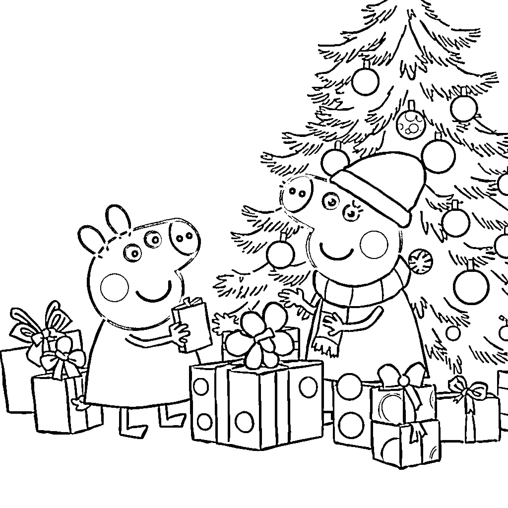 Peppa Pig and Friends Celebrating Christmas Coloring Page (free black-and-white line drawing printable PDF for all, from beginners to advanced learners, including children, teens, adults, and seniors)