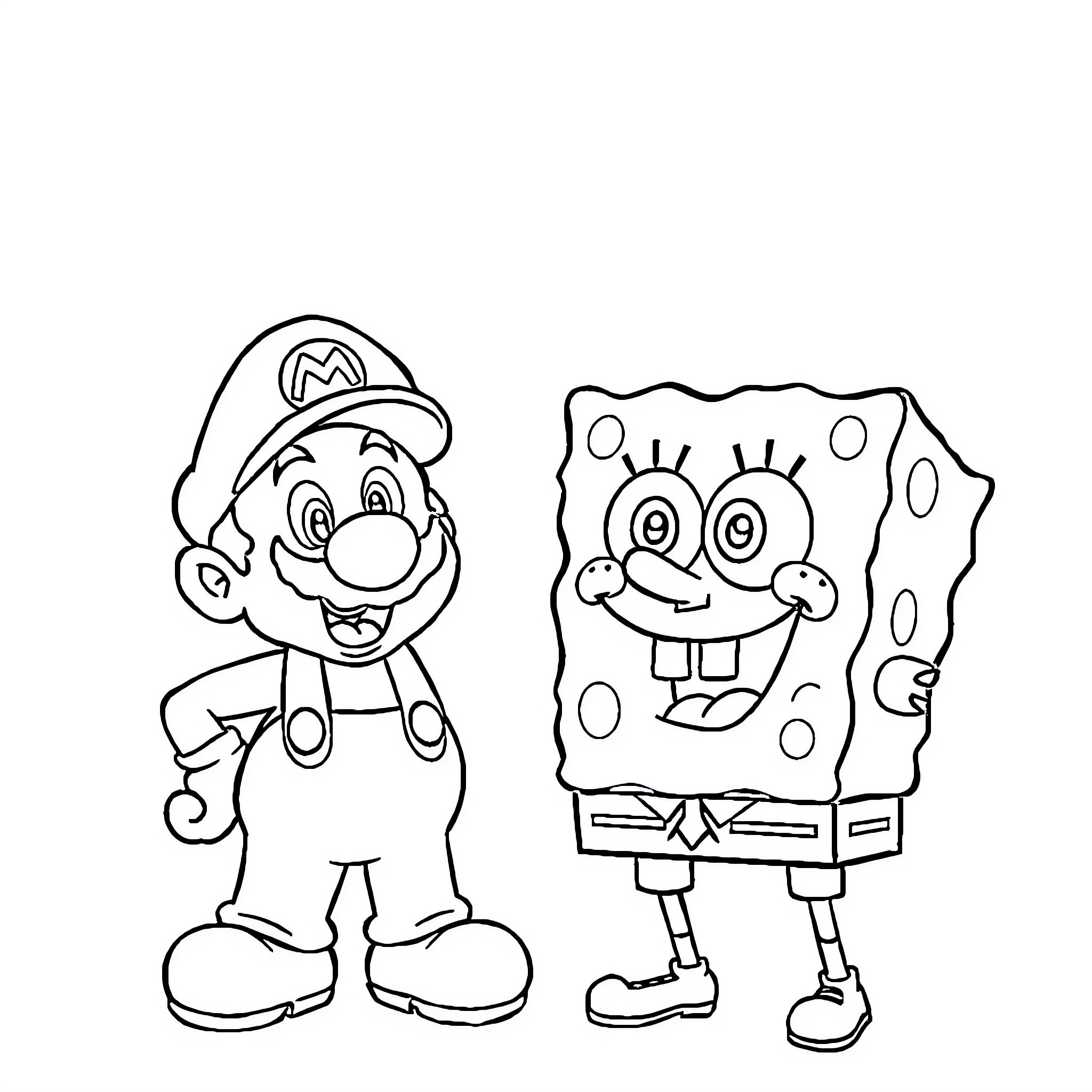 Spongebob and Mario in an animated scene Coloring Page (free black-and-white line drawing printable PDF for all, from beginners to advanced learners, including children, teens, adults, and seniors)