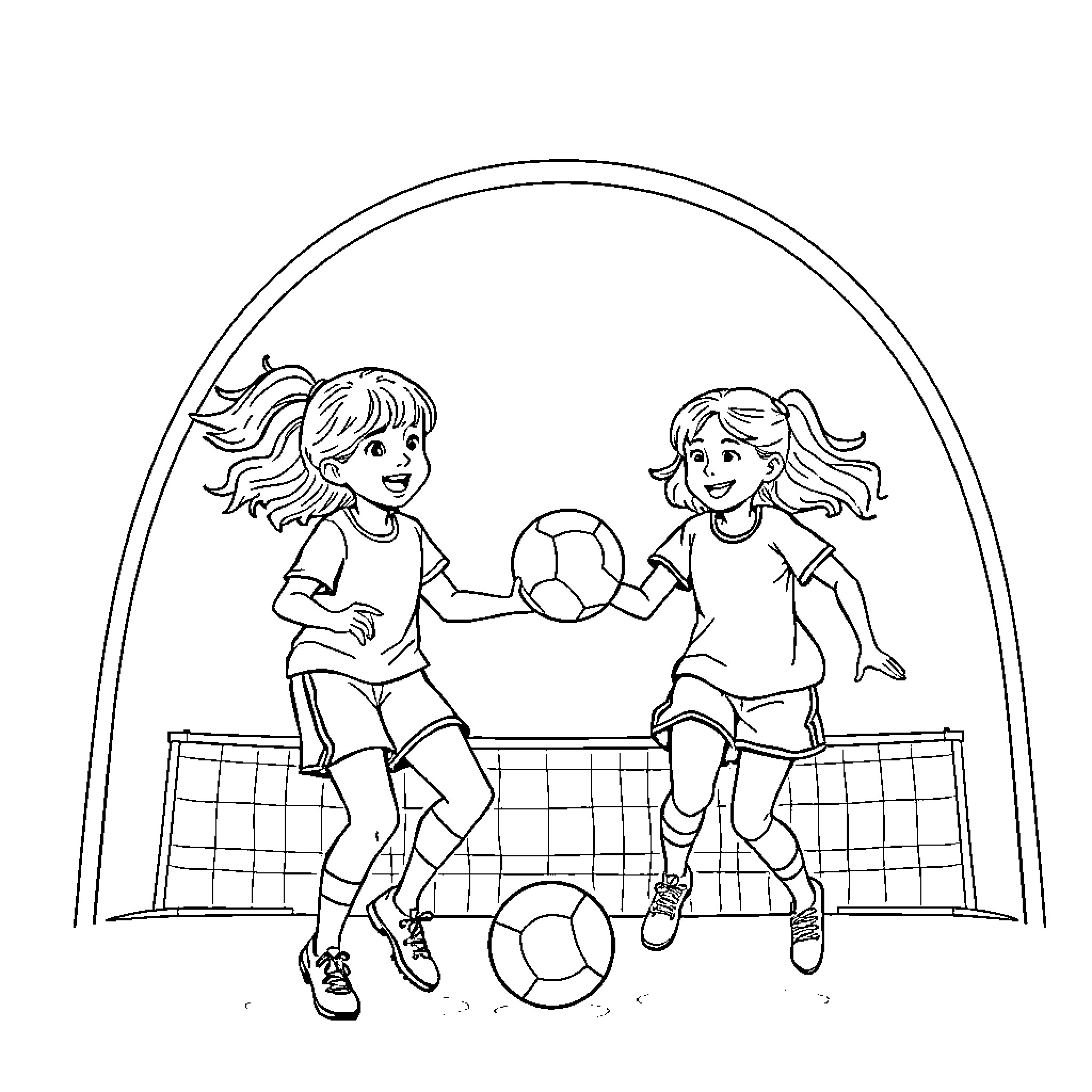 Sisters playing joyfully with soccer ball Coloring Page (free black-and-white line drawing printable PDF for all, from beginners to advanced learners, including children, teens, adults, and seniors)