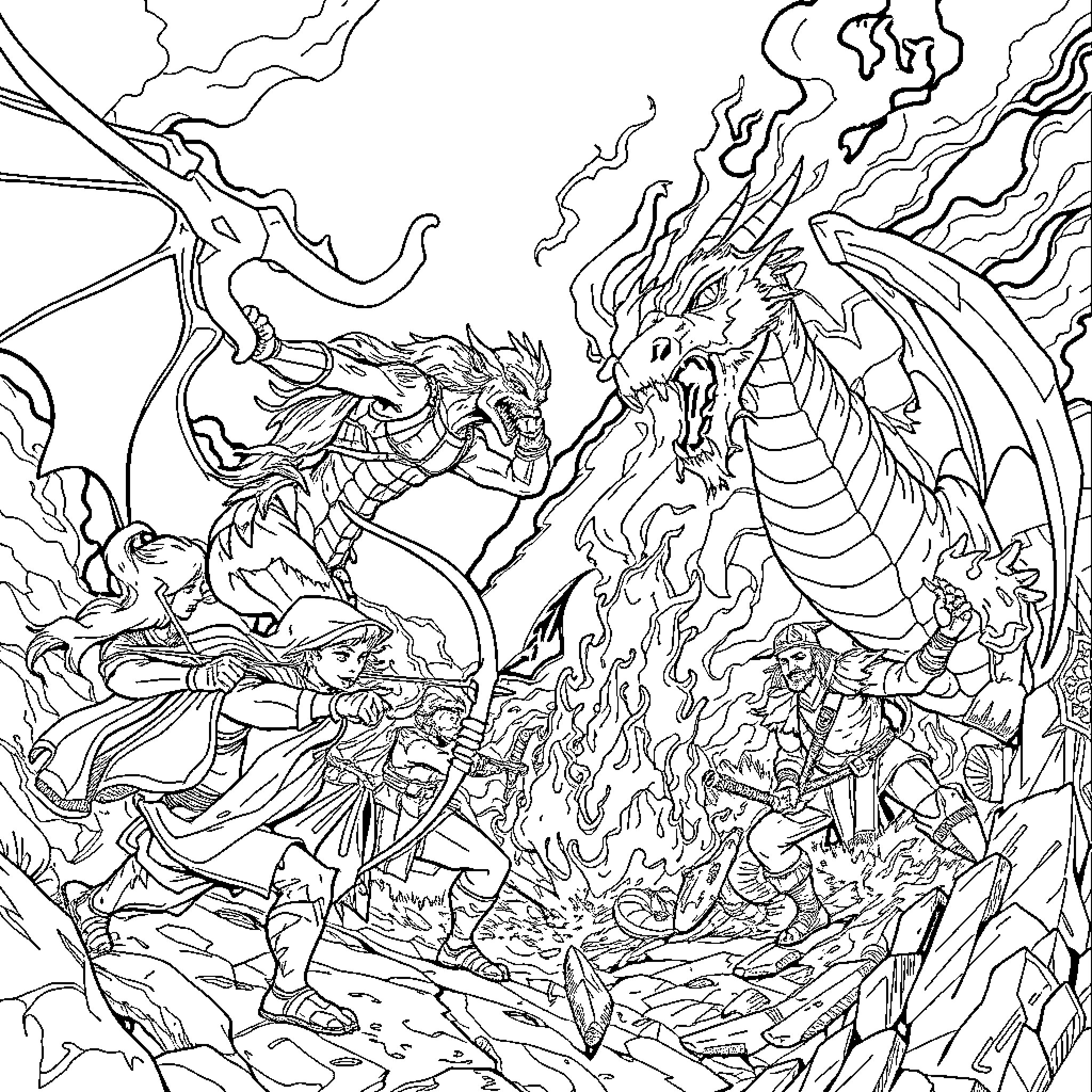 Elf Warrior Battles Fierce Dragon in Enchanted Realm Coloring Page (free black-and-white line drawing printable PDF for all, from beginners to advanced learners, including children, teens, adults, and seniors)