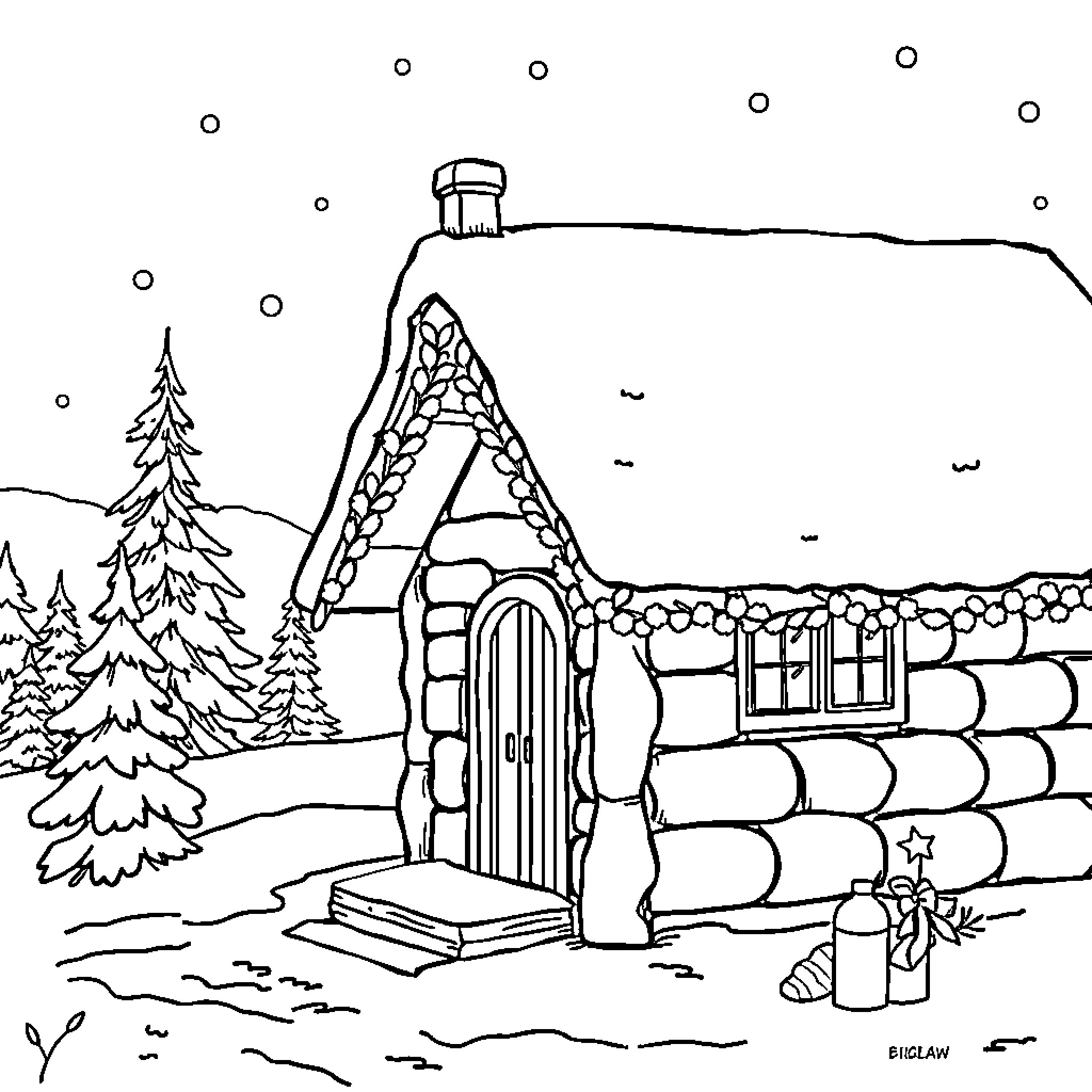 Nisse's Cozy Snow-Covered Cabin in the Woods Coloring Page (free black-and-white line drawing printable PDF for all, from beginners to advanced learners, including children, teens, adults, and seniors)