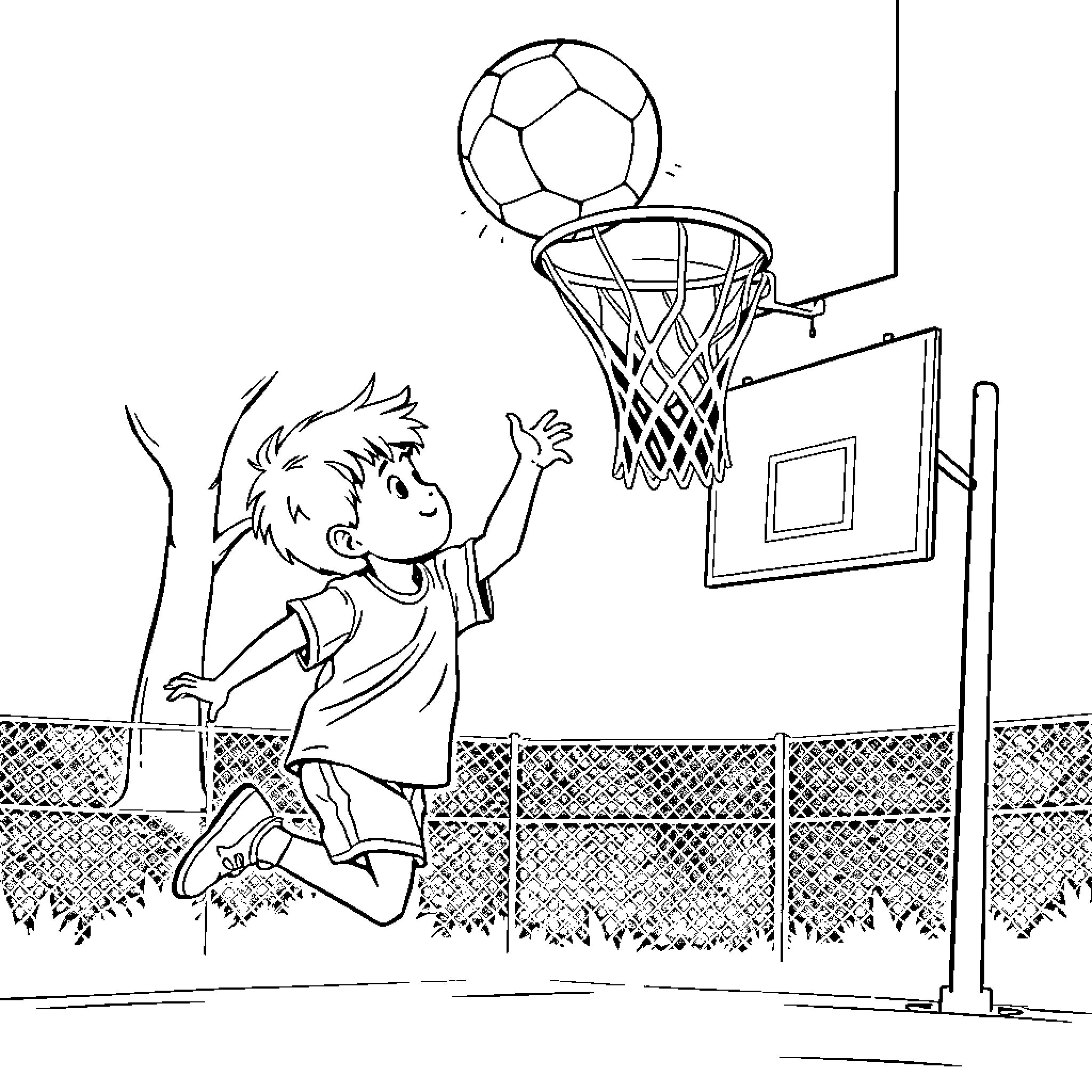 Child shooting basketball into hoop outdoors Coloring Page (free black-and-white line drawing printable PDF for all, from beginners to advanced learners, including children, teens, adults, and seniors)