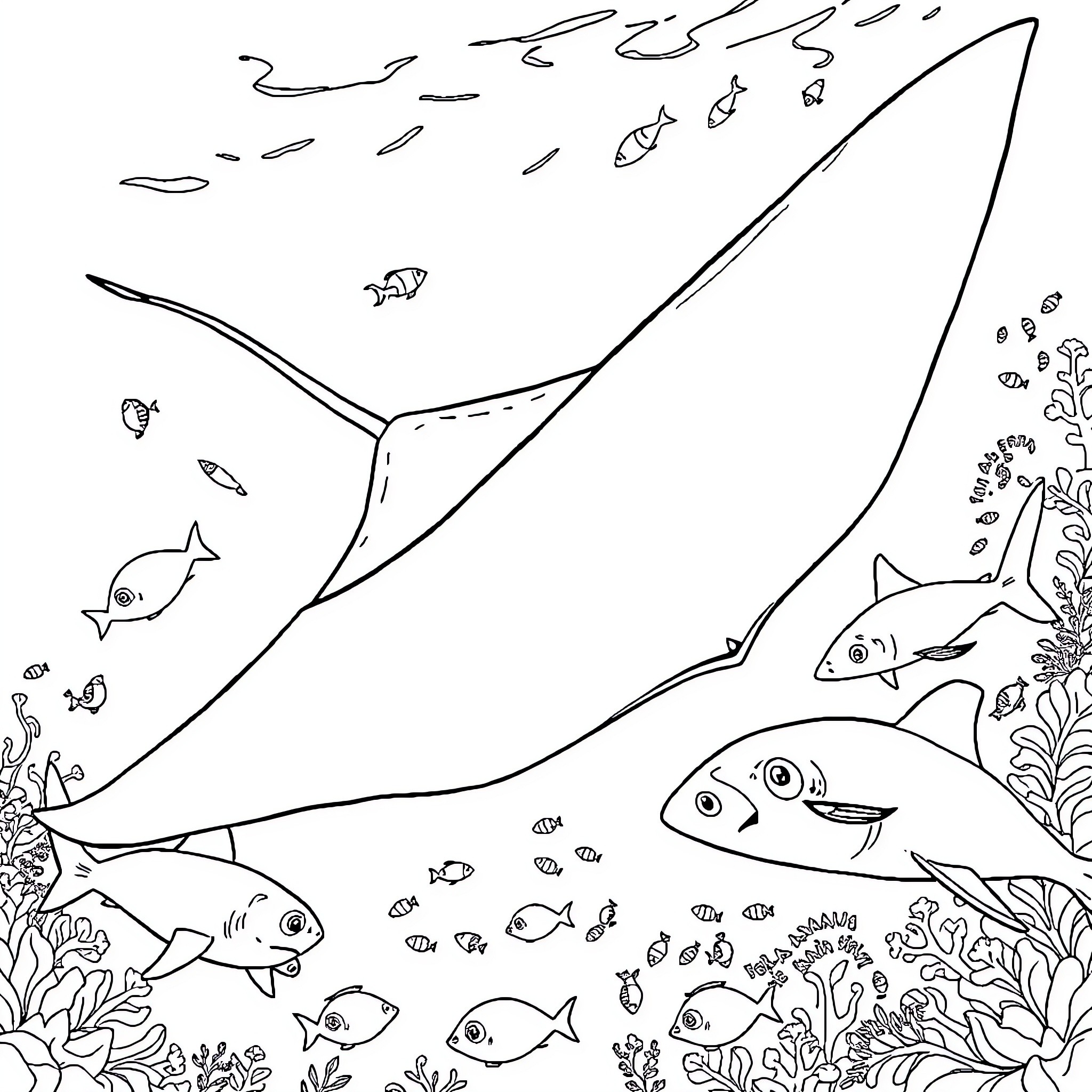Manta Ray swimming among diverse underwater creatures Coloring Page (free black-and-white line drawing printable PDF for all, from beginners to advanced learners, including children, teens, adults, and seniors)
