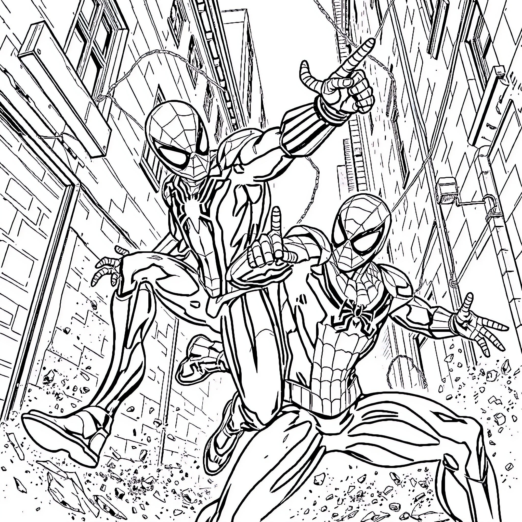 Spider-Man and his allies in action-packed adventure Coloring Page (free black-and-white line drawing printable PDF for all, from beginners to advanced learners, including children, teens, adults, and seniors)