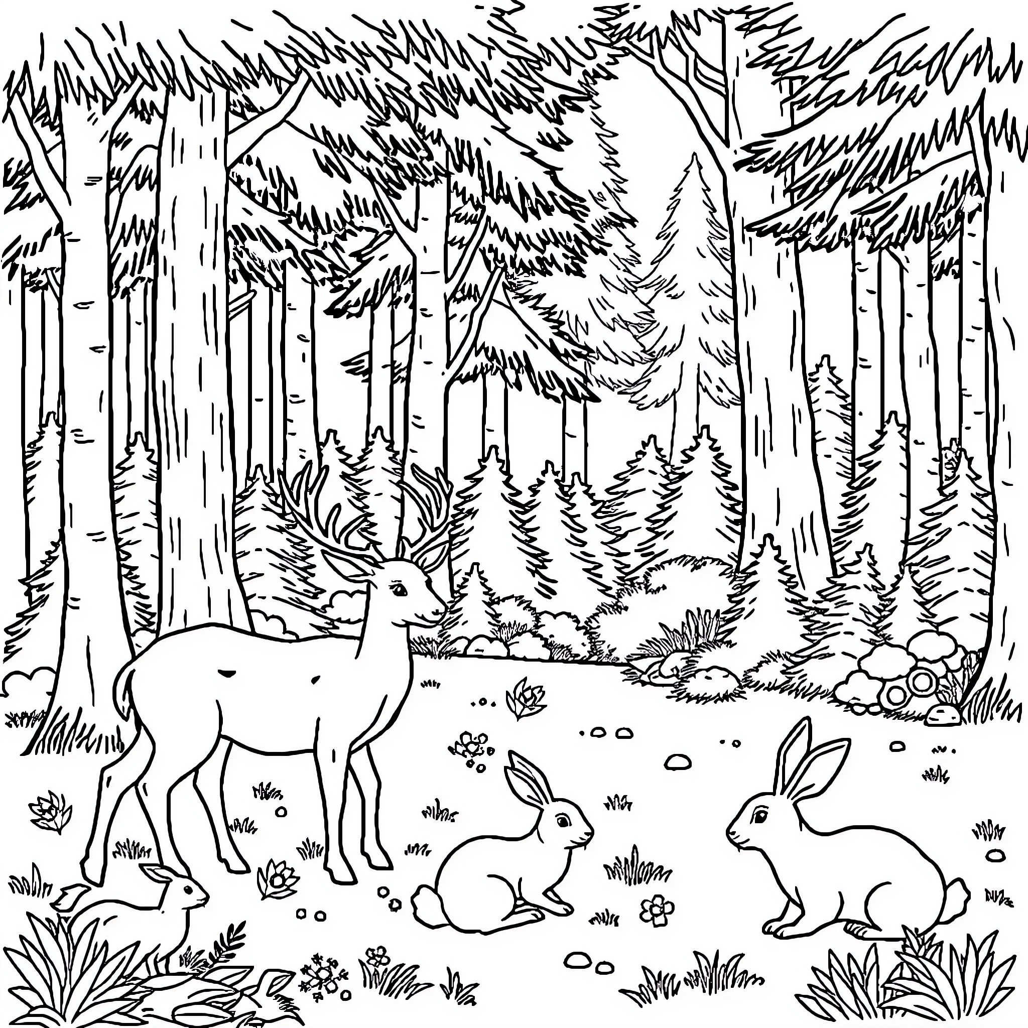 Animal Forest Scene with Deer, Rabbit, and Hare Coloring Page (free black-and-white line drawing printable PDF for all, from beginners to advanced learners, including children, teens, adults, and seniors)
