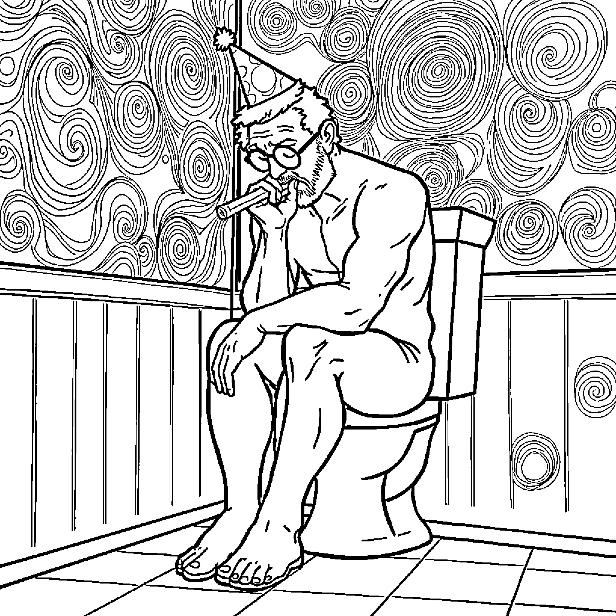 Man sitting in deep contemplation on a bench Coloring Page (free black-and-white line drawing printable PDF for all, from beginners to advanced learners, including children, teens, adults, and seniors)