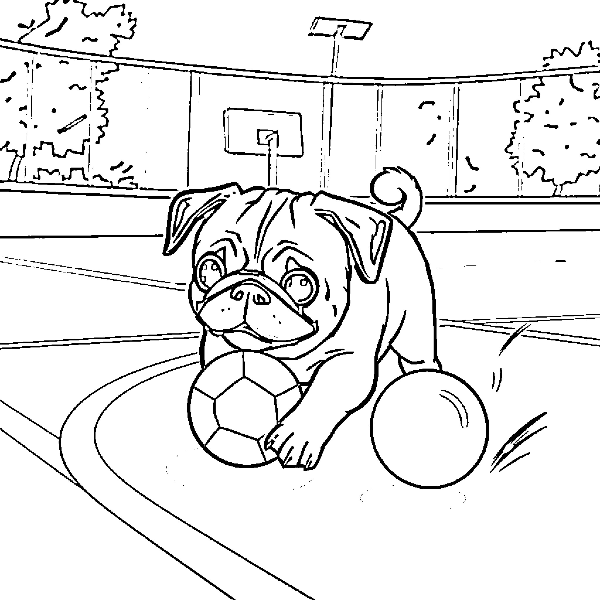 Pug playing with soccer ball in the park Coloring Page (free black-and-white line drawing printable PDF for all, from beginners to advanced learners, including children, teens, adults, and seniors)