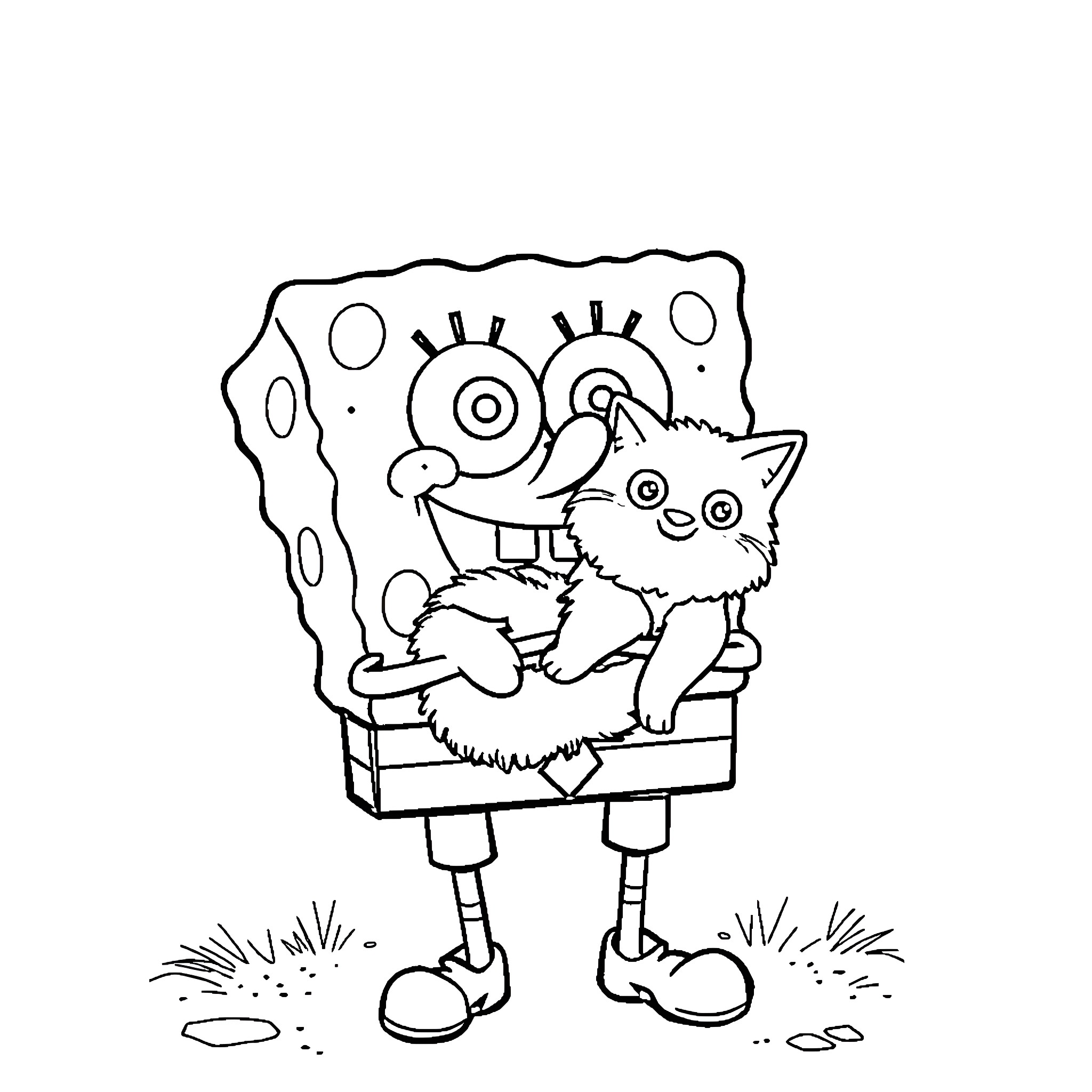 Spongebob playing with a kitten Coloring Page (free black-and-white line drawing printable PDF for all, from beginners to advanced learners, including children, teens, adults, and seniors)