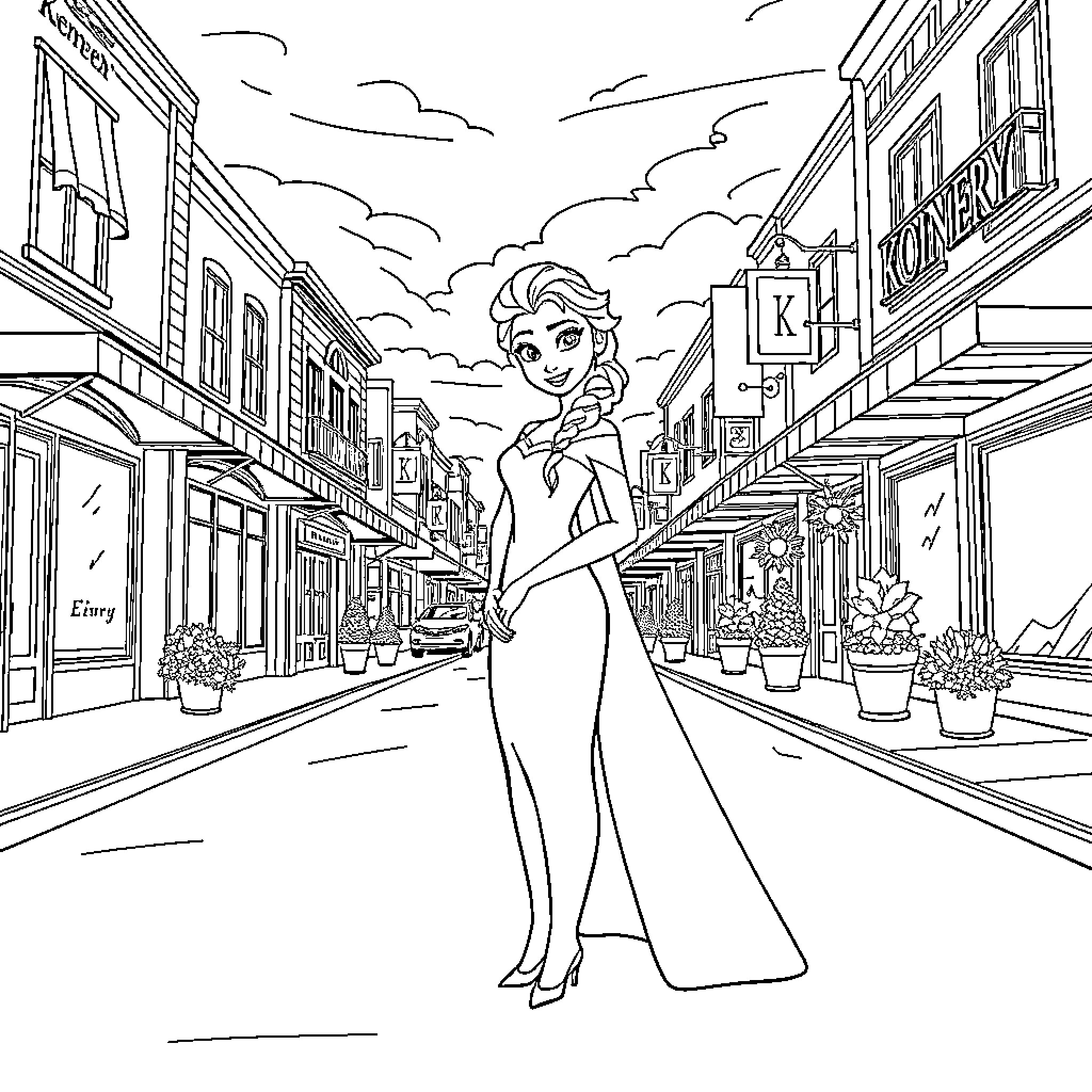 Elsa's Elegant Stroll through the City Coloring Page (free black-and-white line drawing printable PDF for all, from beginners to advanced learners, including children, teens, adults, and seniors)