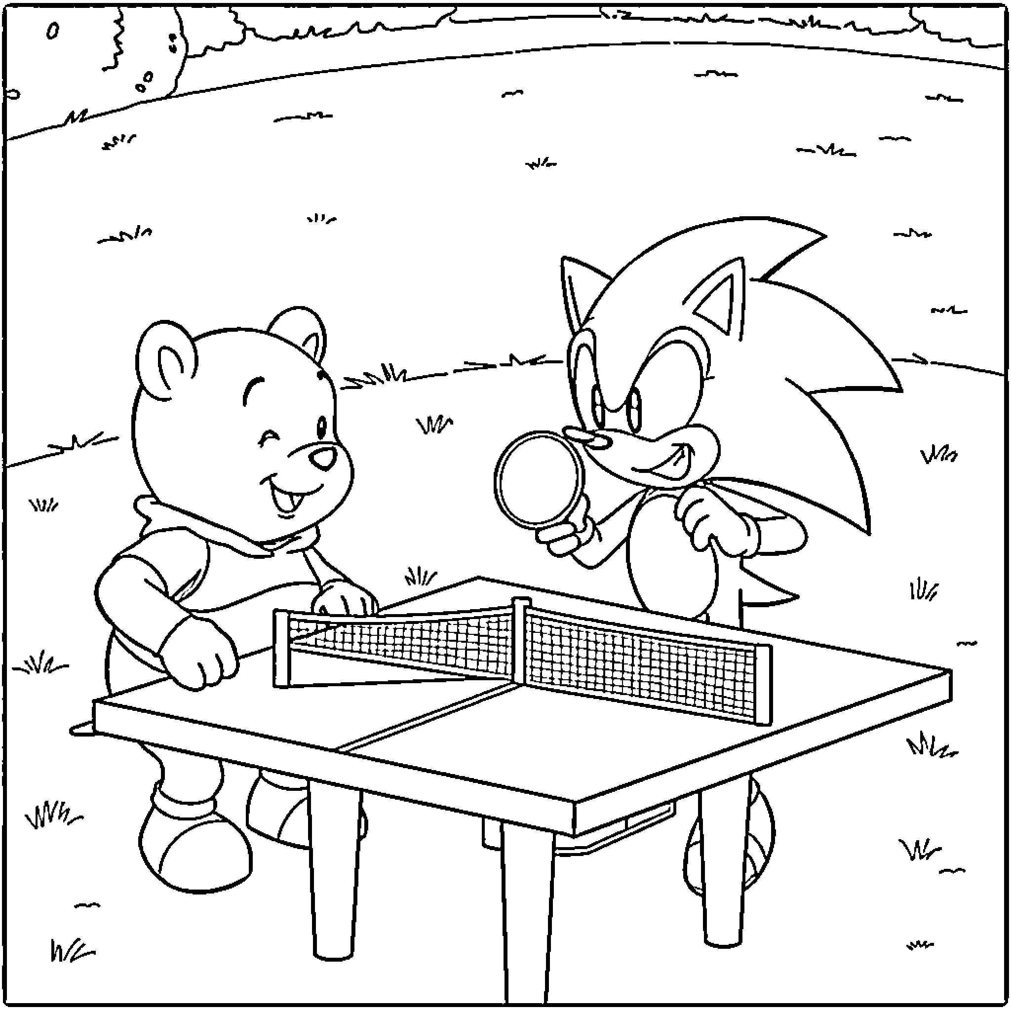 Sonic Characters Playing Table Tennis Coloring Page (free black-and-white line drawing printable PDF for all, from beginners to advanced learners, including children, teens, adults, and seniors)
