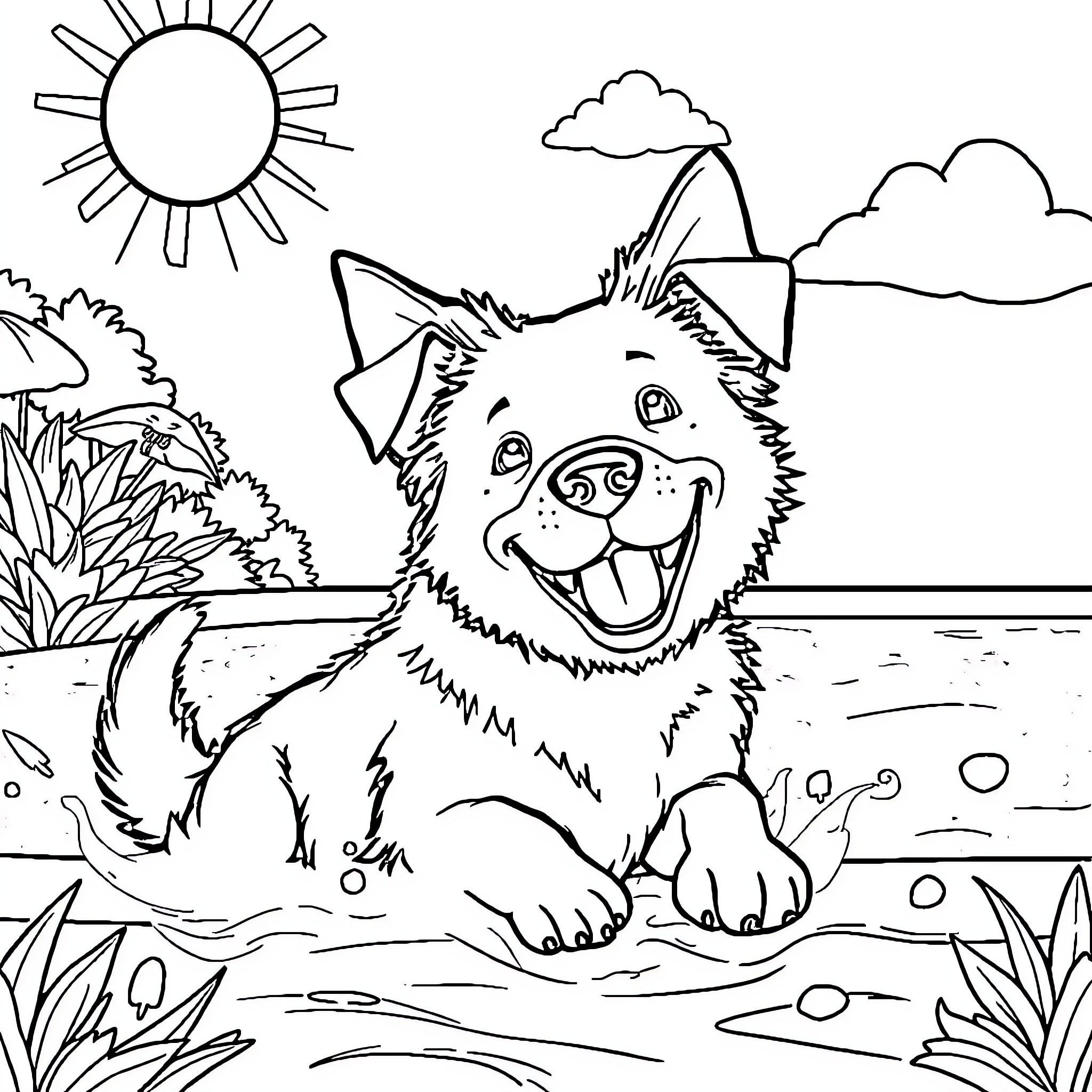 Dog joyfully playing in the park Coloring Page (free black-and-white line drawing printable PDF for all, from beginners to advanced learners, including children, teens, adults, and seniors)