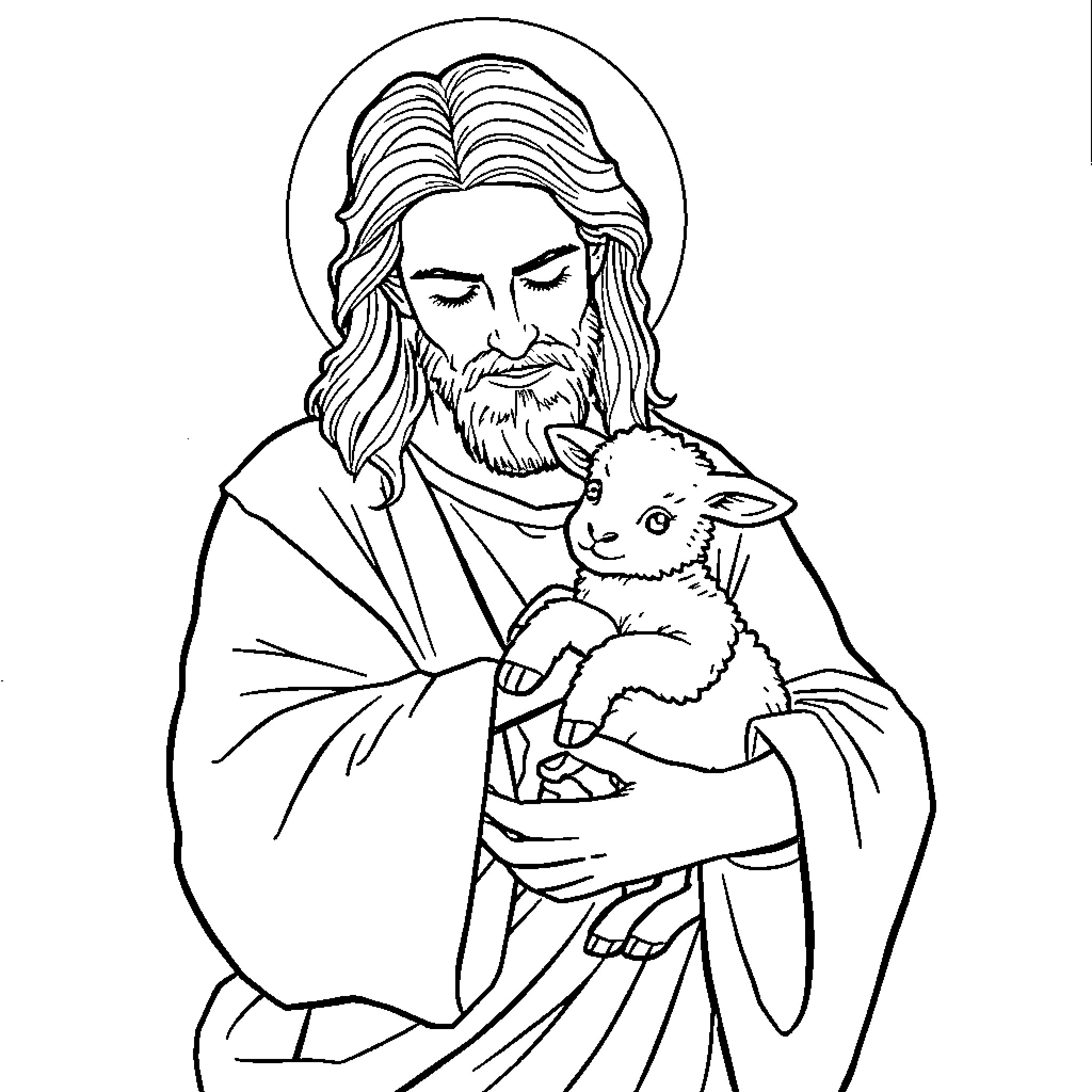 Jesus holding a lamb with compassion Coloring Page (free black-and-white line drawing printable PDF for all, from beginners to advanced learners, including children, teens, adults, and seniors)