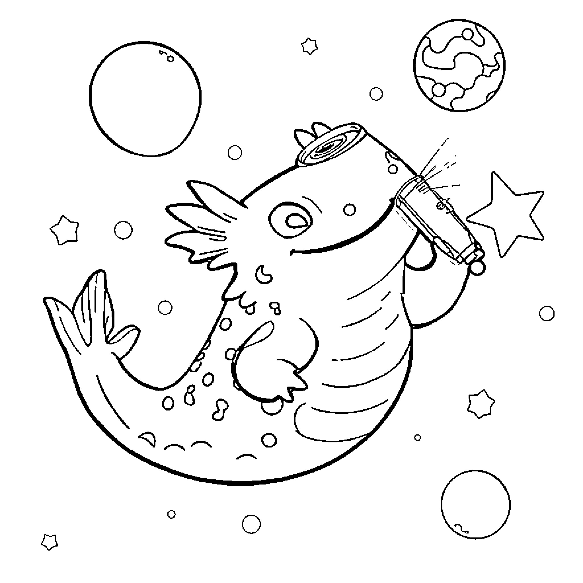 Axolotl exploring the cosmic universe Coloring Page (free black-and-white line drawing printable PDF for all, from beginners to advanced learners, including children, teens, adults, and seniors)