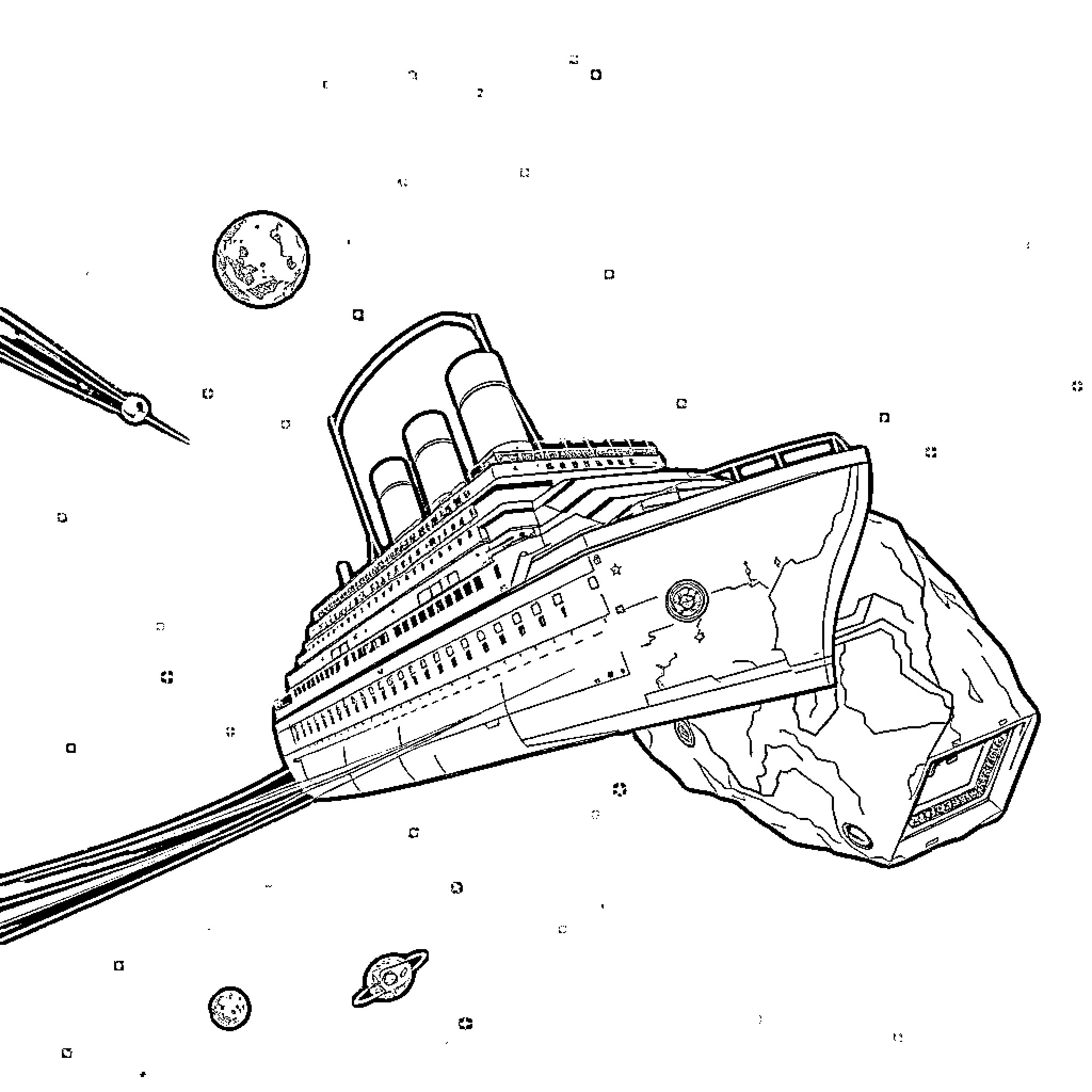 Titanic Voyage Through Cosmic Landscape Coloring Page (free black-and-white line drawing printable PDF for all, from beginners to advanced learners, including children, teens, adults, and seniors)