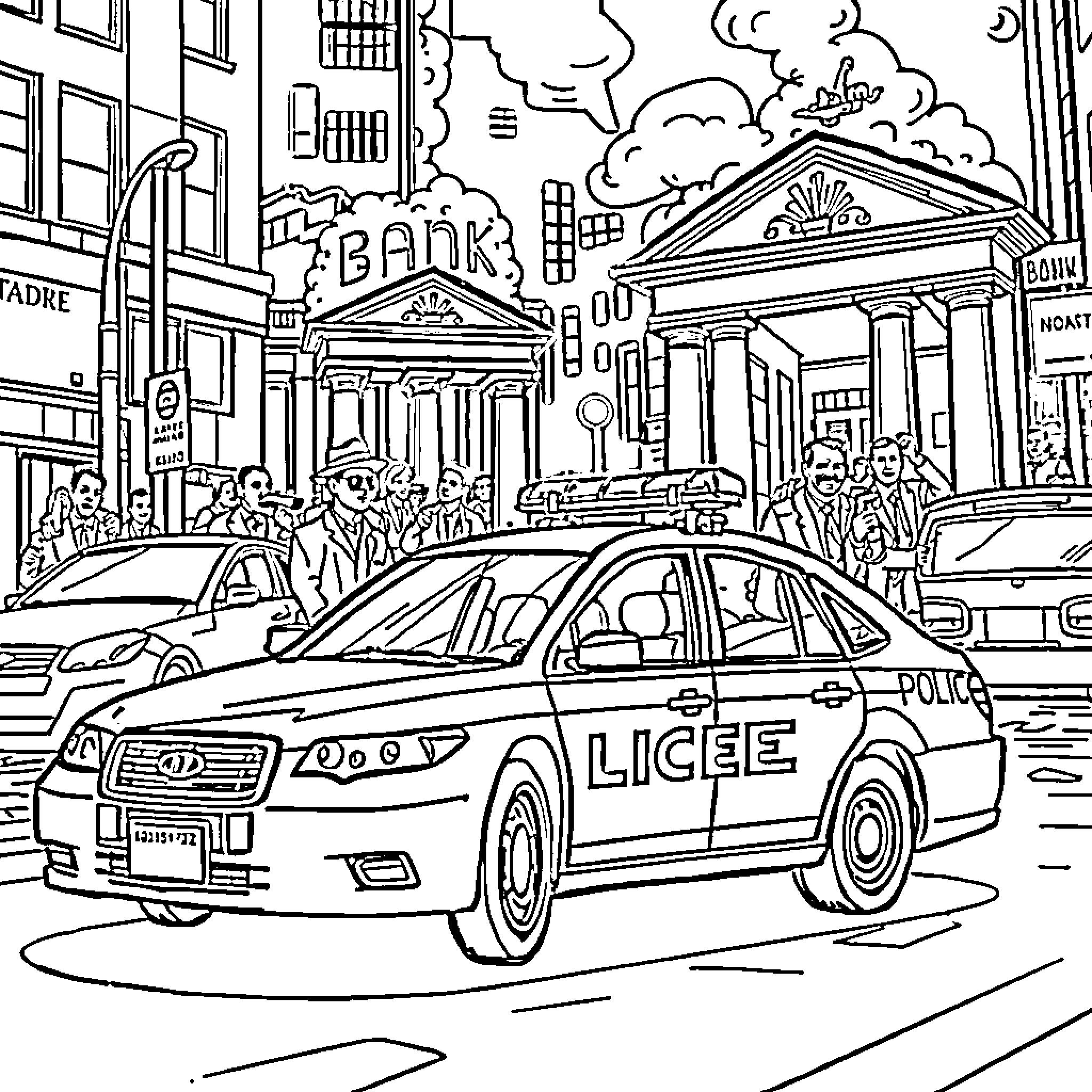 Police Car in Busy City Street Scene Coloring Page (free black-and-white line drawing printable PDF for all, from beginners to advanced learners, including children, teens, adults, and seniors)