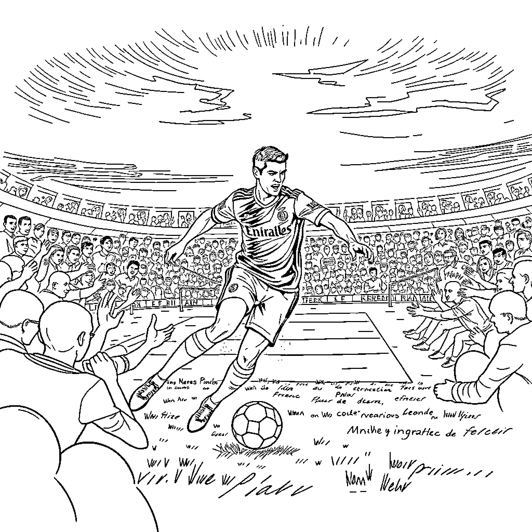 Ronaldo playing football in front of cheering crowd Coloring Page (free black-and-white line drawing printable PDF for all, from beginners to advanced learners, including children, teens, adults, and seniors)
