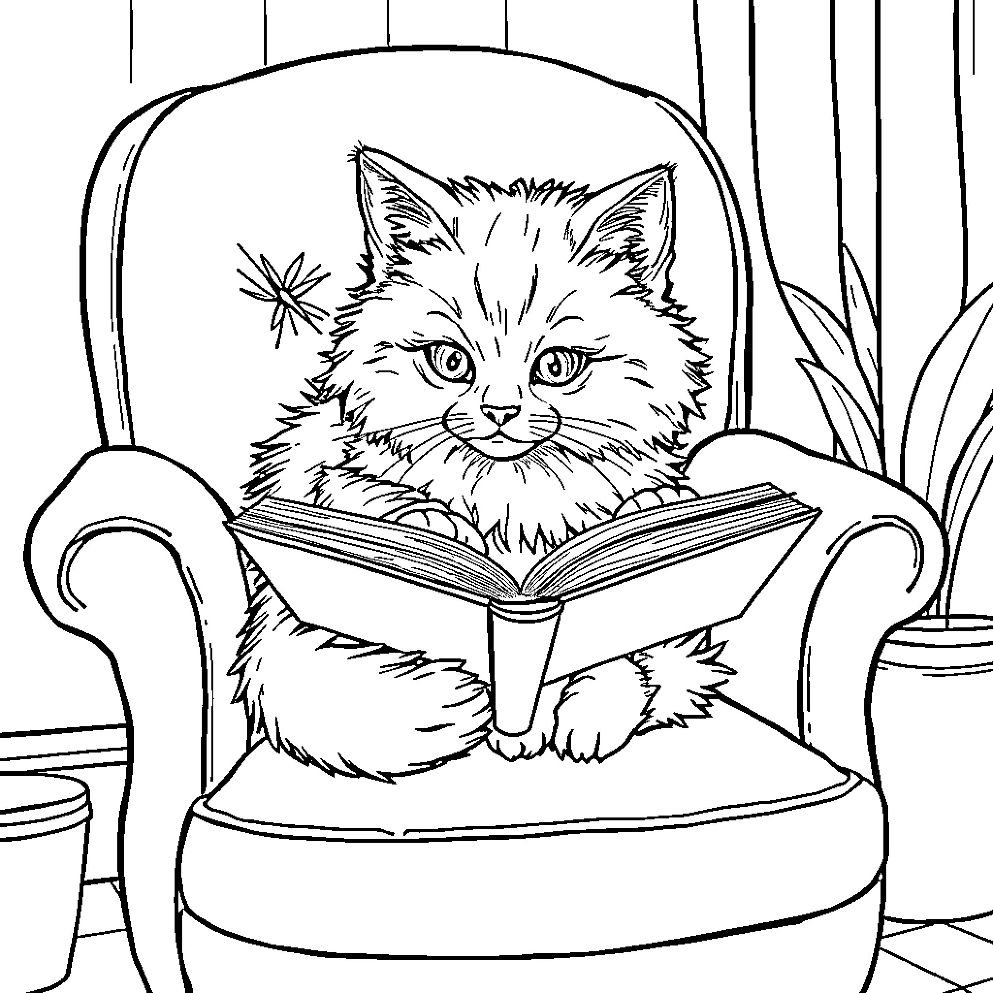 Cat reading a book in a cozy chair Coloring Page (free black-and-white line drawing printable PDF for all, from beginners to advanced learners, including children, teens, adults, and seniors)