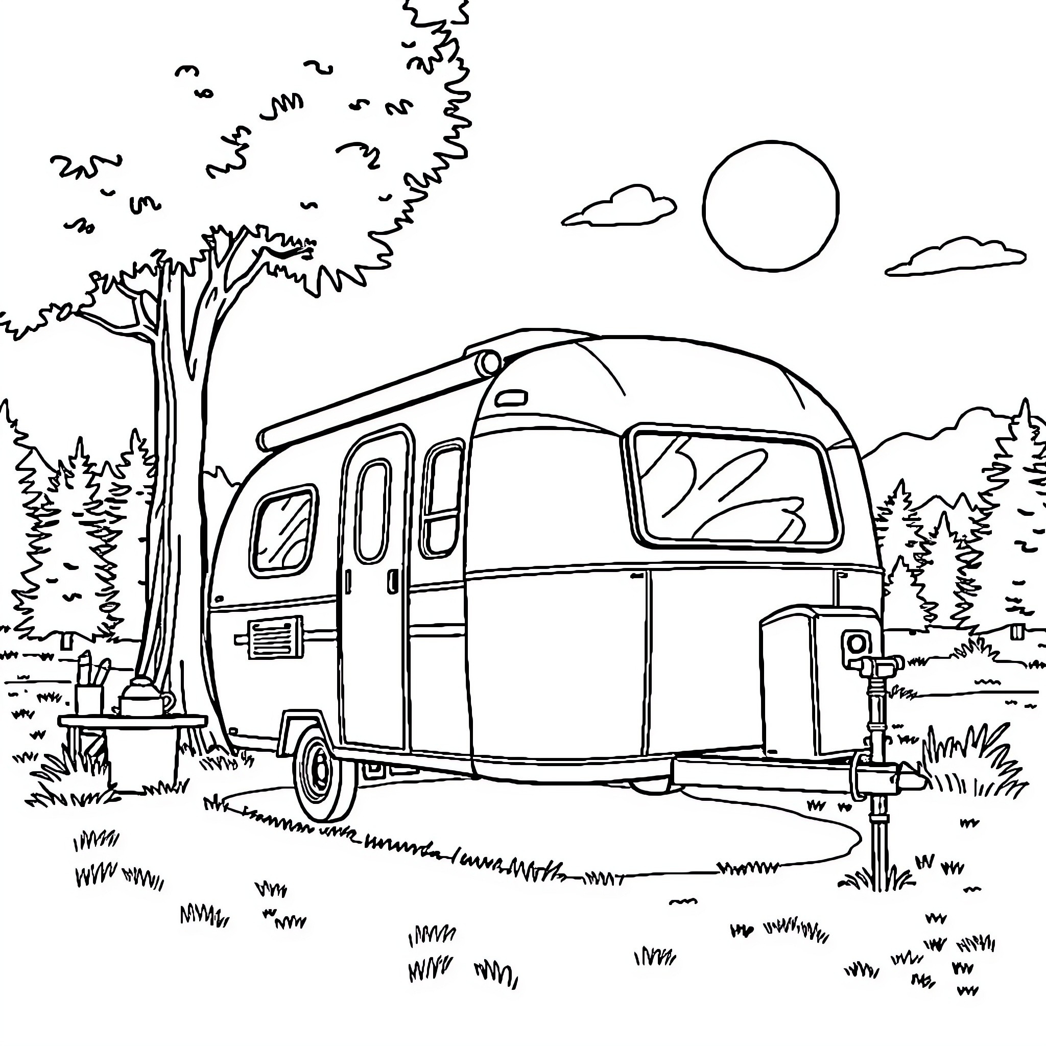 Trailer of a camper van in the countryside Coloring Page (free black-and-white line drawing printable PDF for all, from beginners to advanced learners, including children, teens, adults, and seniors)