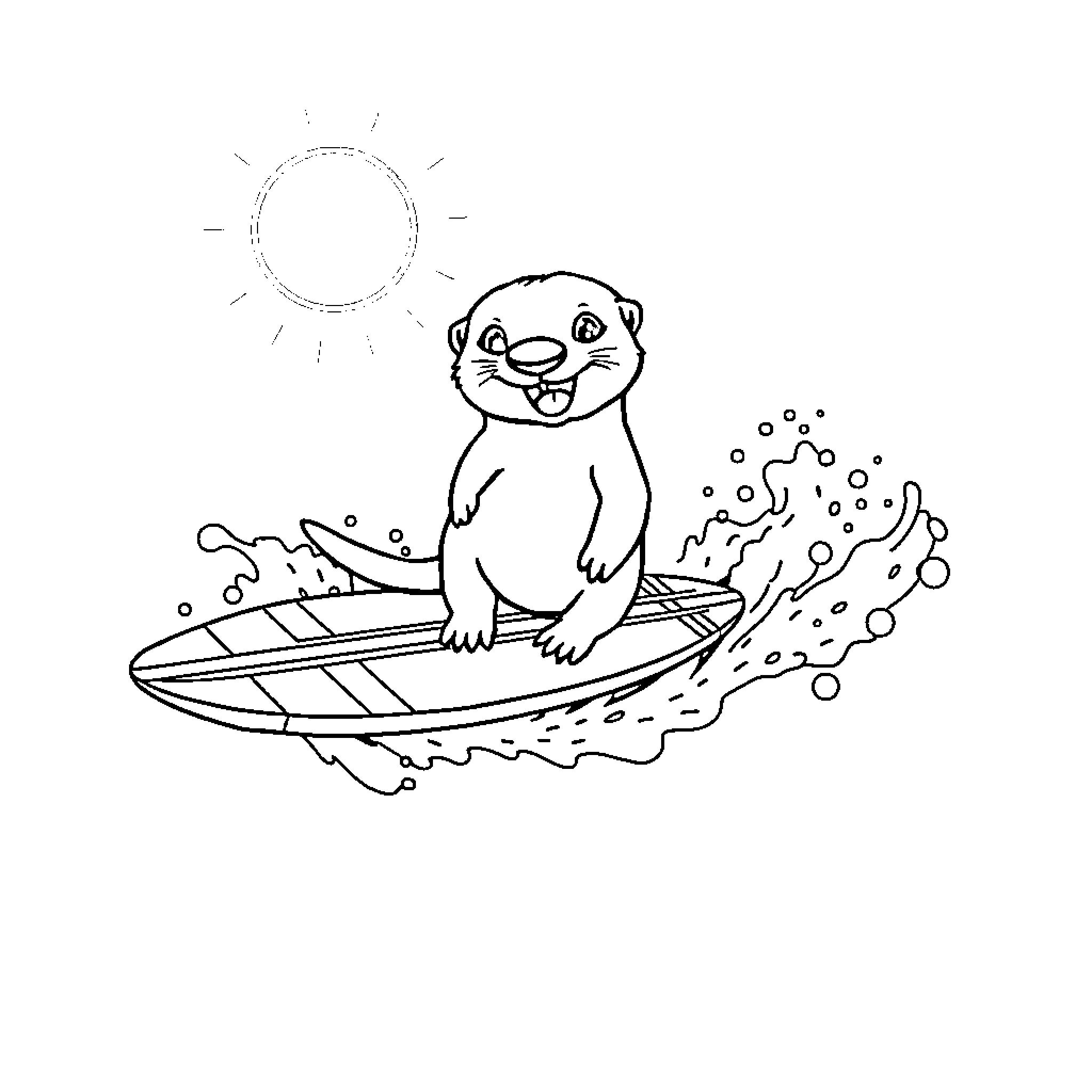 Sea Otter surfing in the waves Coloring Page (free black-and-white line drawing printable PDF for all, from beginners to advanced learners, including children, teens, adults, and seniors)