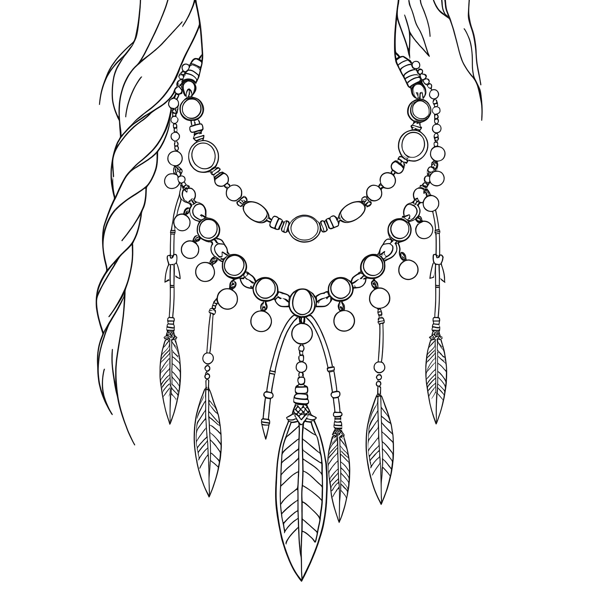 Pocahontas' Intricate Beaded Necklace Coloring Page (free black-and-white line drawing printable PDF for all, from beginners to advanced learners, including children, teens, adults, and seniors)