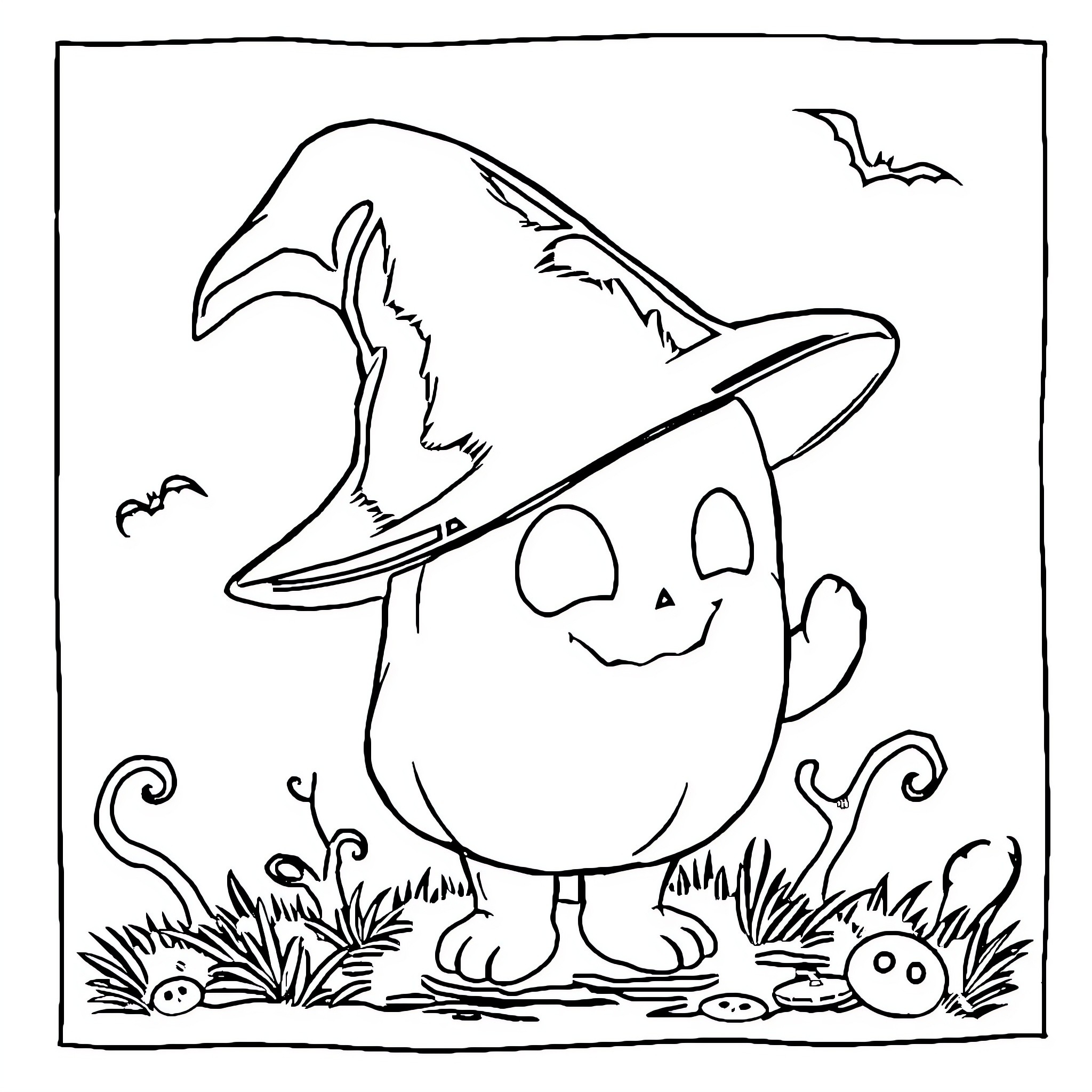 Cutie ghost in Halloween scene Coloring Page (free black-and-white line drawing printable PDF for all, from beginners to advanced learners, including children, teens, adults, and seniors)