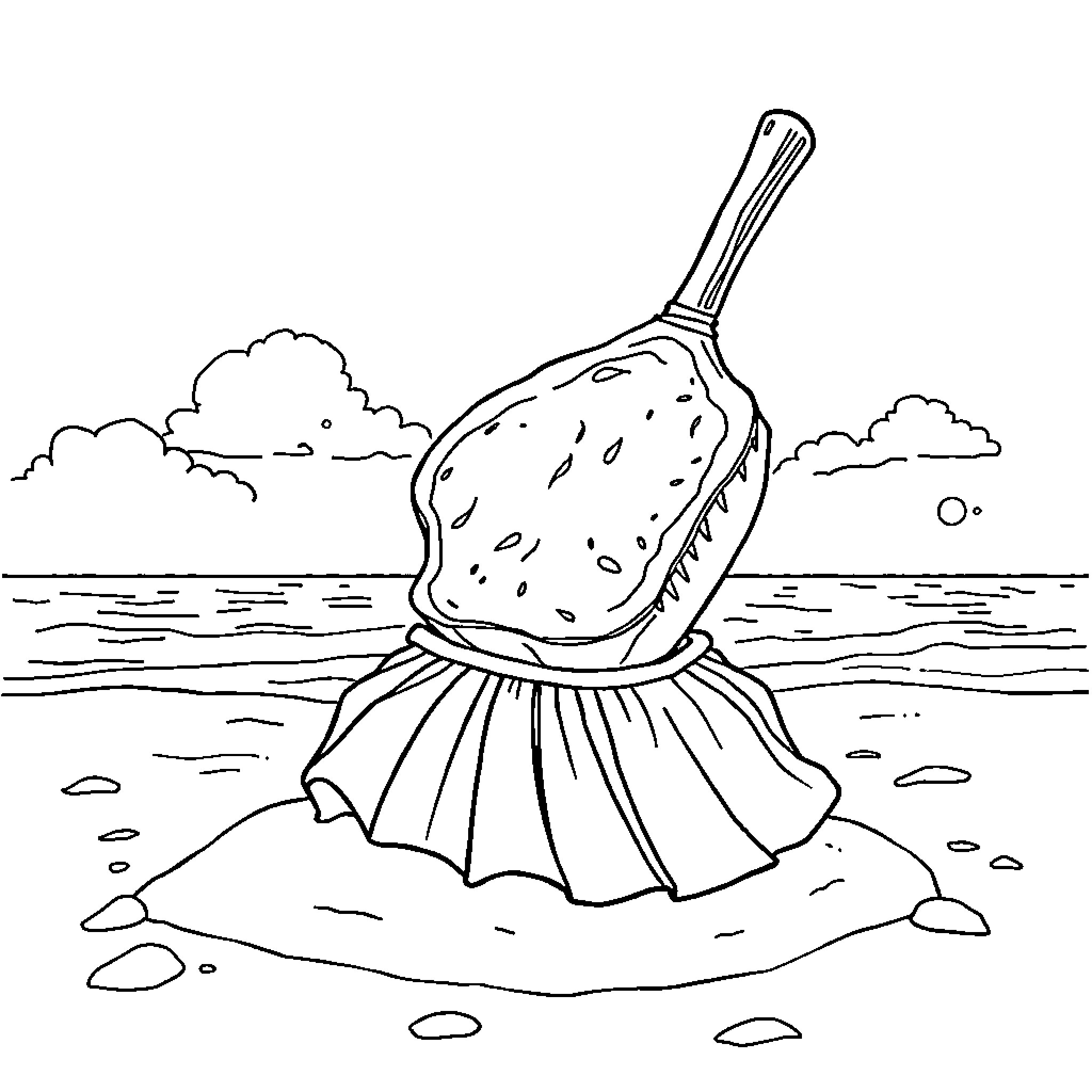 Beef cooking utensils on the beach Coloring Page (free black-and-white line drawing printable PDF for all, from beginners to advanced learners, including children, teens, adults, and seniors)