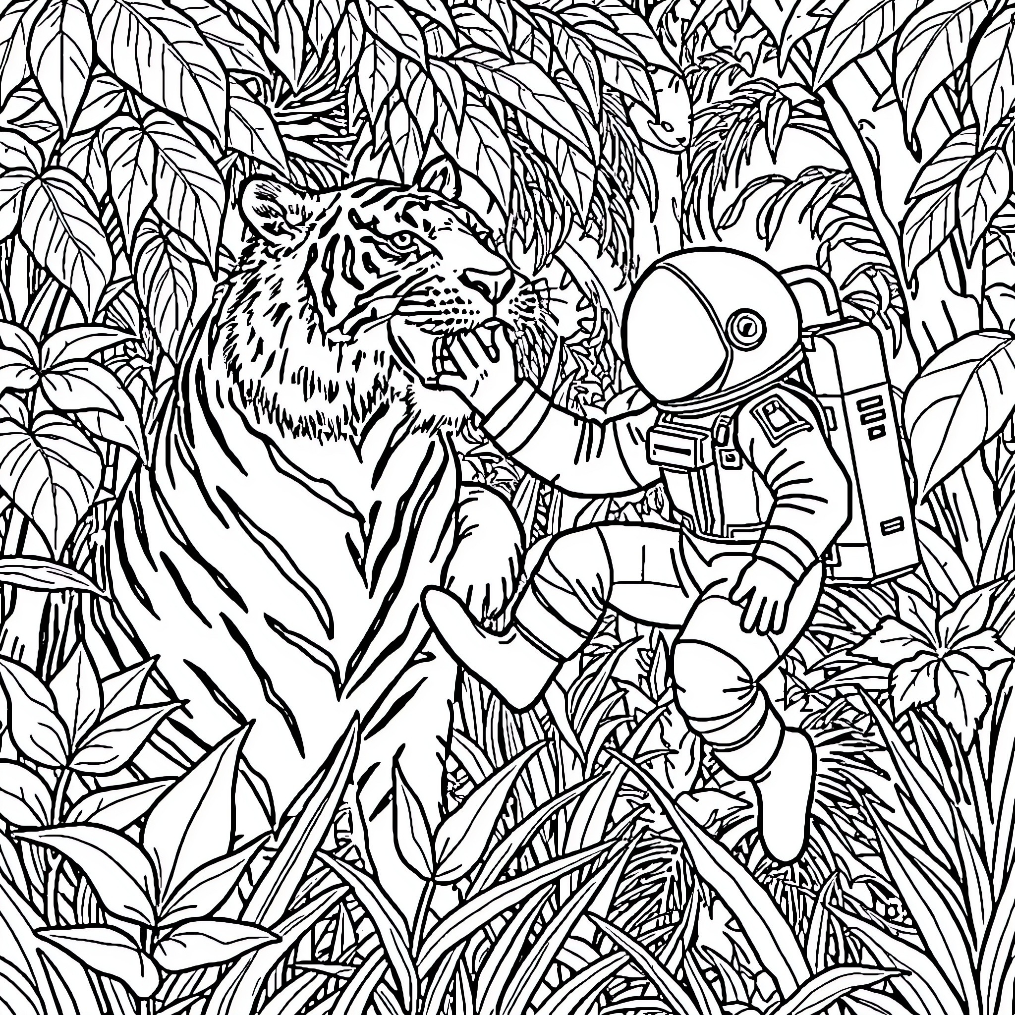 Astronaut exploring the lush jungle with a tiger Coloring Page (free black-and-white line drawing printable PDF for all, from beginners to advanced learners, including children, teens, adults, and seniors)