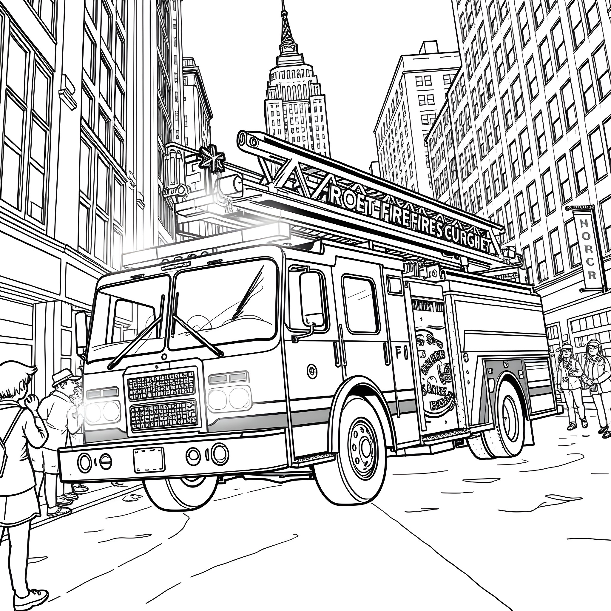 Firetruck responding to emergency in busy city street Coloring Page (free black-and-white line drawing printable PDF for all, from beginners to advanced learners, including children, teens, adults, and seniors)