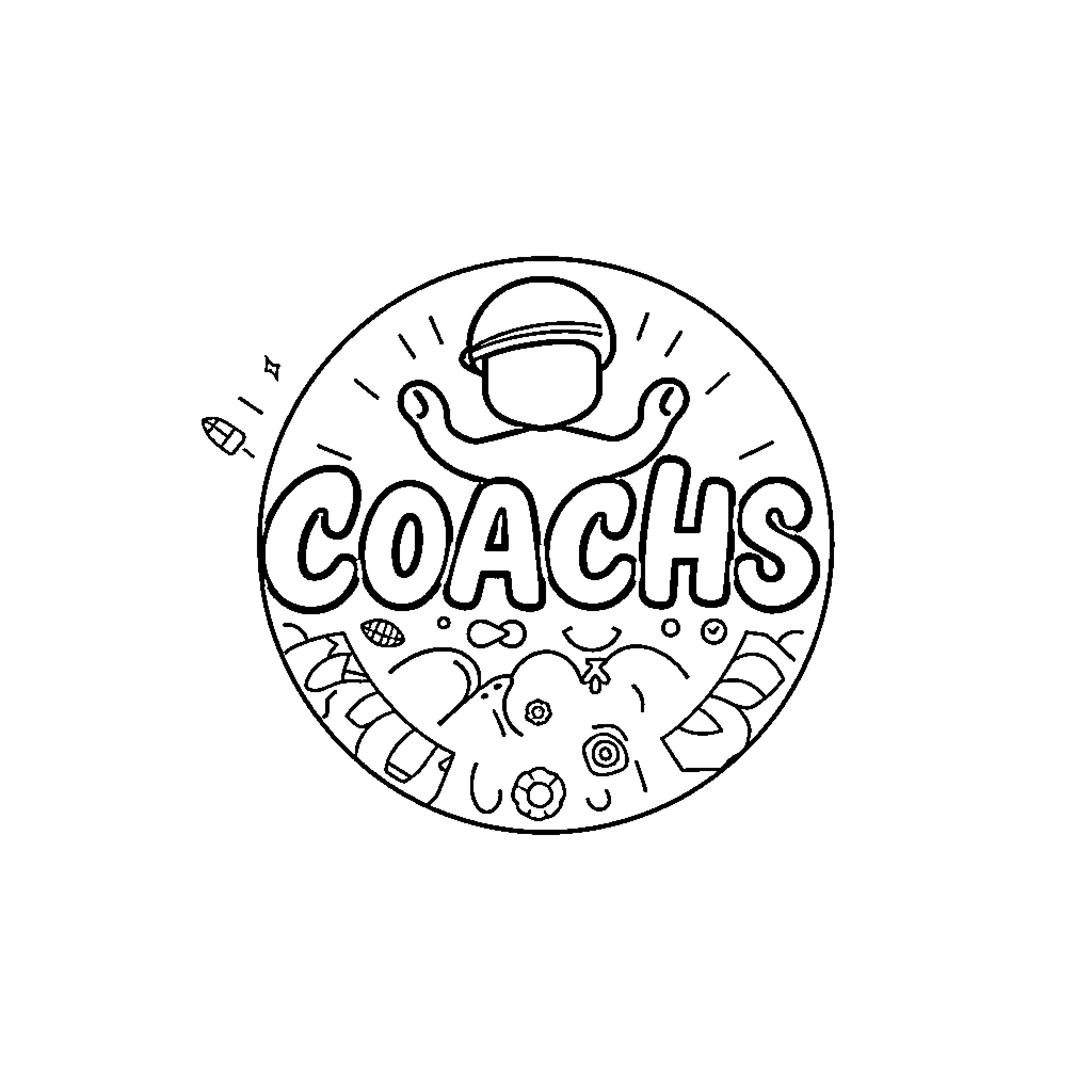 Logo of coach cheering with sports equipment Coloring Page (free black-and-white line drawing printable PDF for all, from beginners to advanced learners, including children, teens, adults, and seniors)