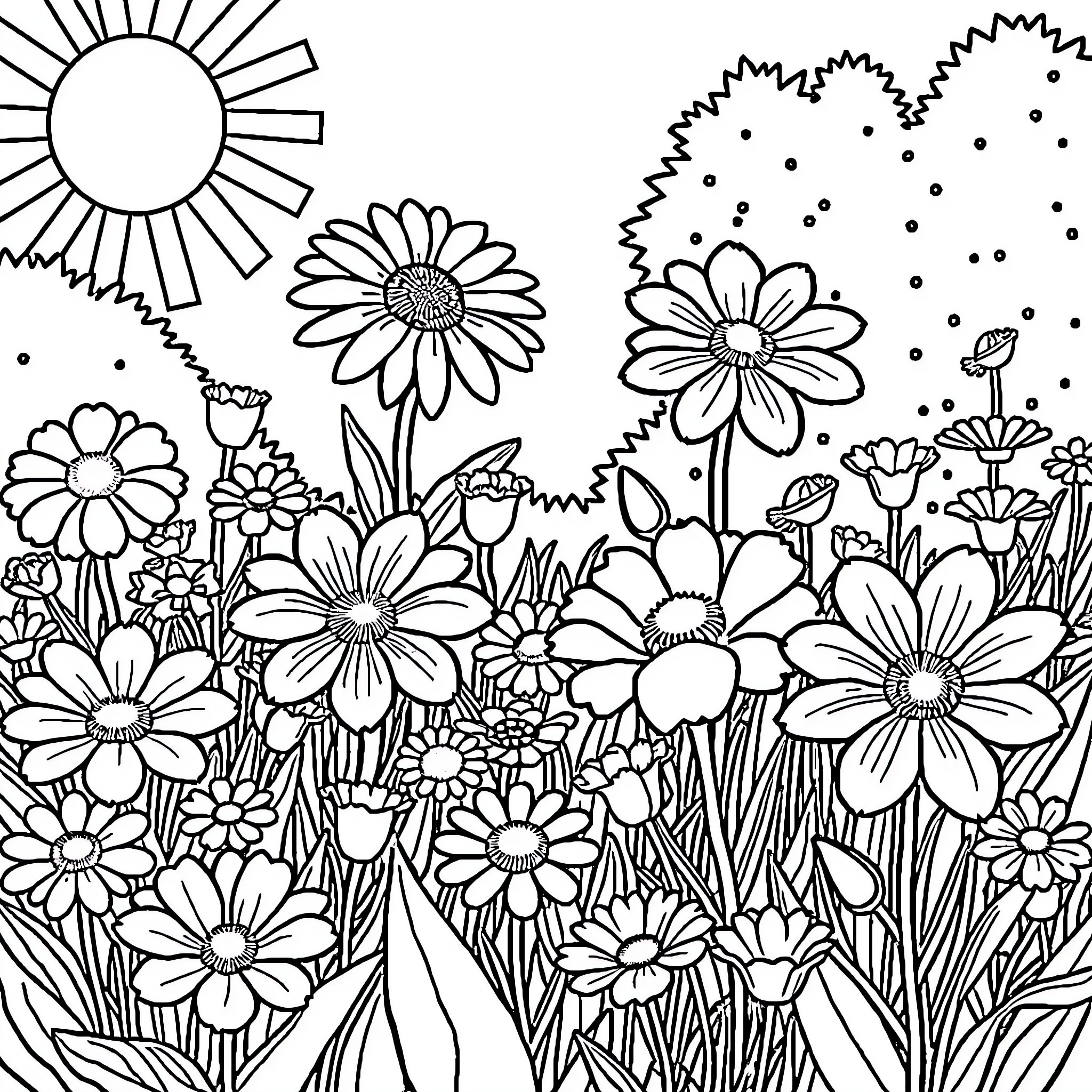 Flower field with blooming daisies and sunlight Coloring Page (free black-and-white line drawing printable PDF for all, from beginners to advanced learners, including children, teens, adults, and seniors)