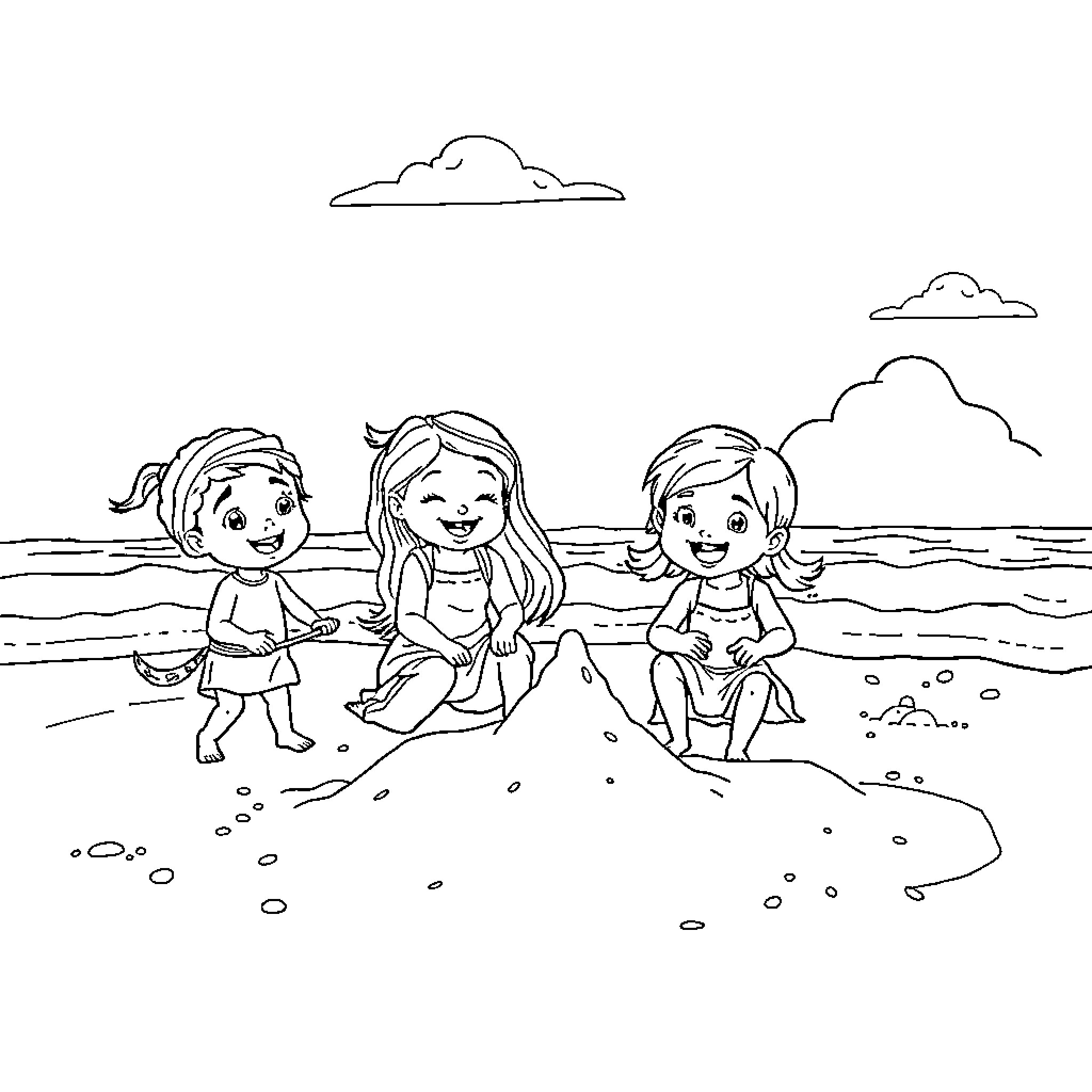 Child playing on the beach with friends Coloring Page (free black-and-white line drawing printable PDF for all, from beginners to advanced learners, including children, teens, adults, and seniors)