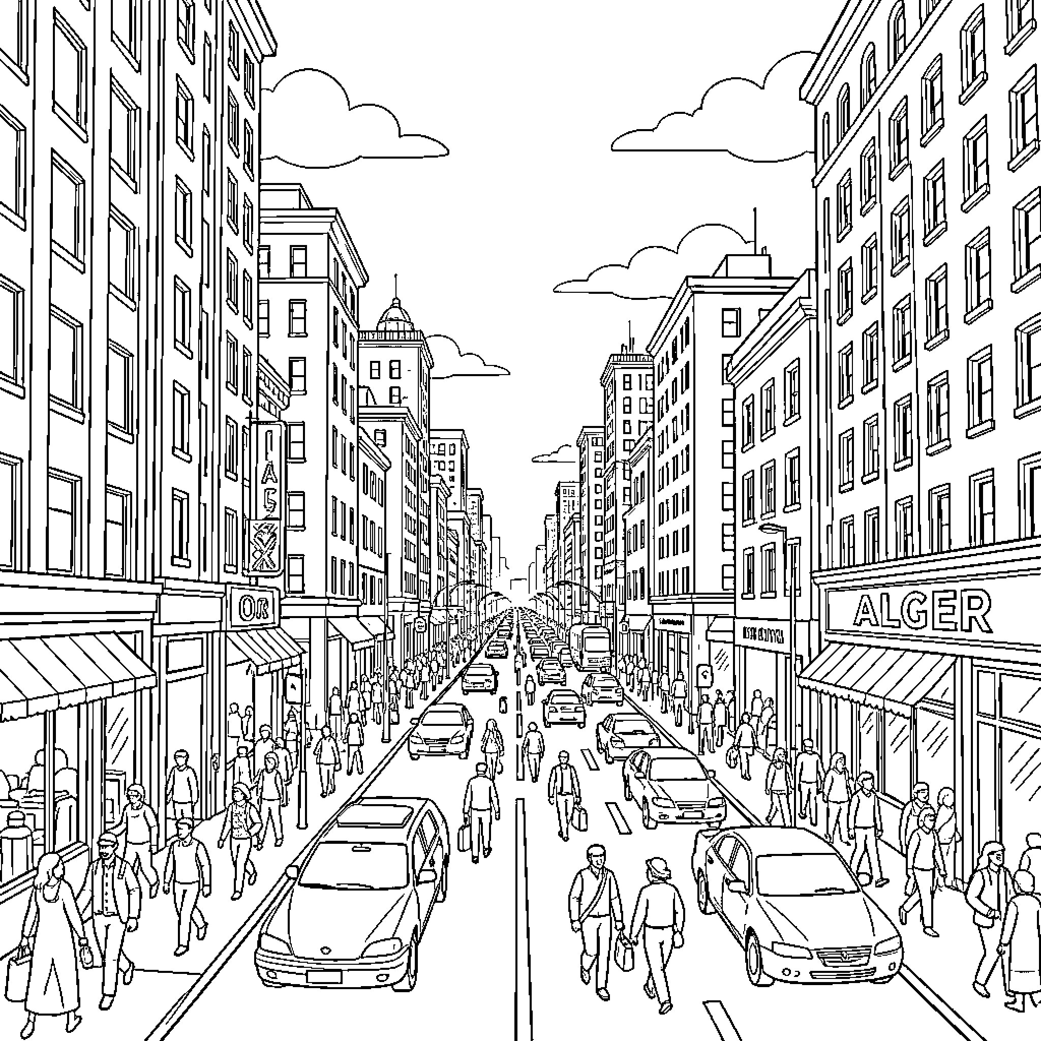 Alger street scene with many people and cars Coloring Page (free black-and-white line drawing printable PDF for all, from beginners to advanced learners, including children, teens, adults, and seniors)