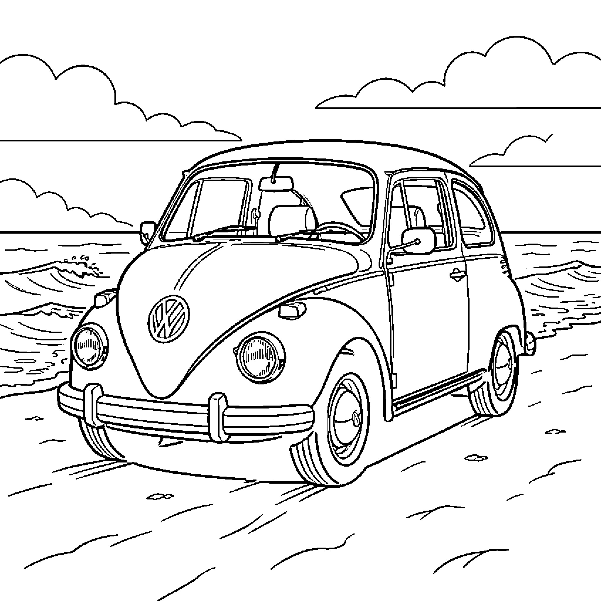 Volkswagen parked on a beach near ocean waves Coloring Page (free black-and-white line drawing printable PDF for all, from beginners to advanced learners, including children, teens, adults, and seniors)